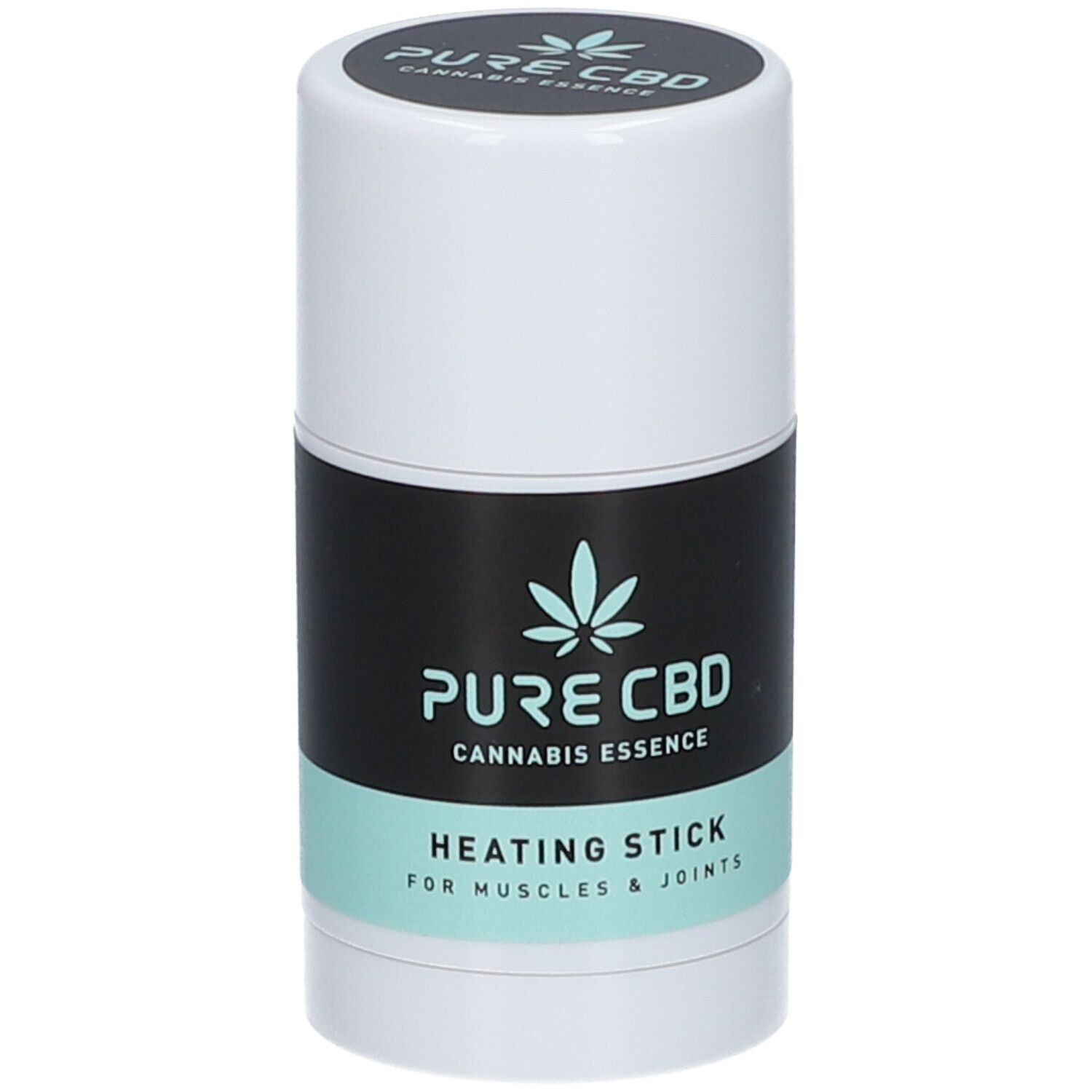 Cilindrische verwarmingsstick. Zwart etiket met mintgroene streep. Tekst: PURE CBD, Cannabis Essence, Heating Stick.