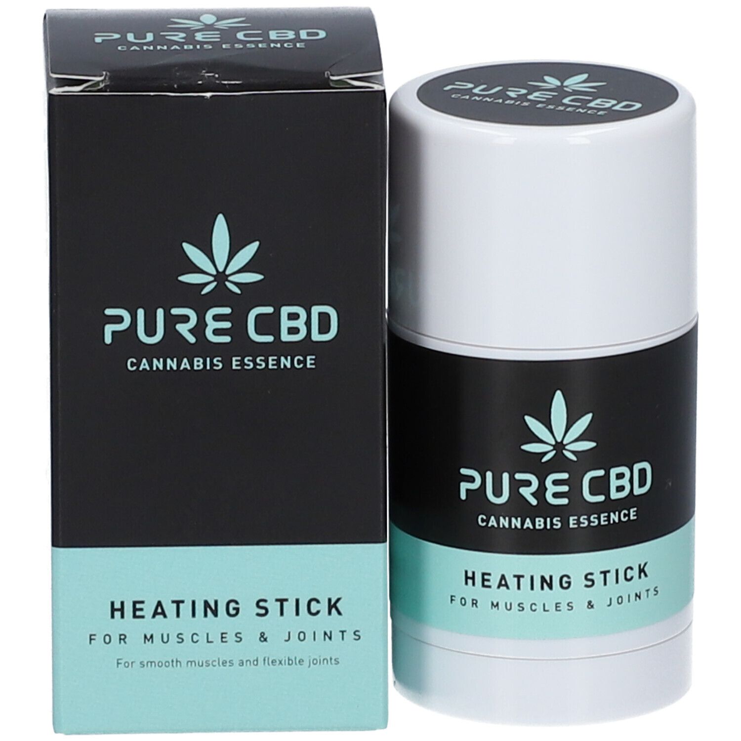 Product en verpakking. Cilindrische stick en rechthoekige doos. Tekst: PURE CBD, Cannabis Essence, Heating Stick.