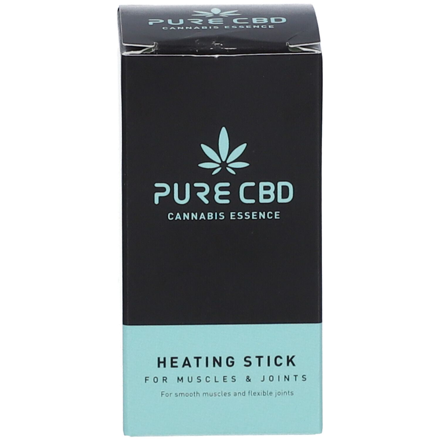 Rechthoekige doos met tekst: PURE CBD, Cannabis Essence, Heating Stick.