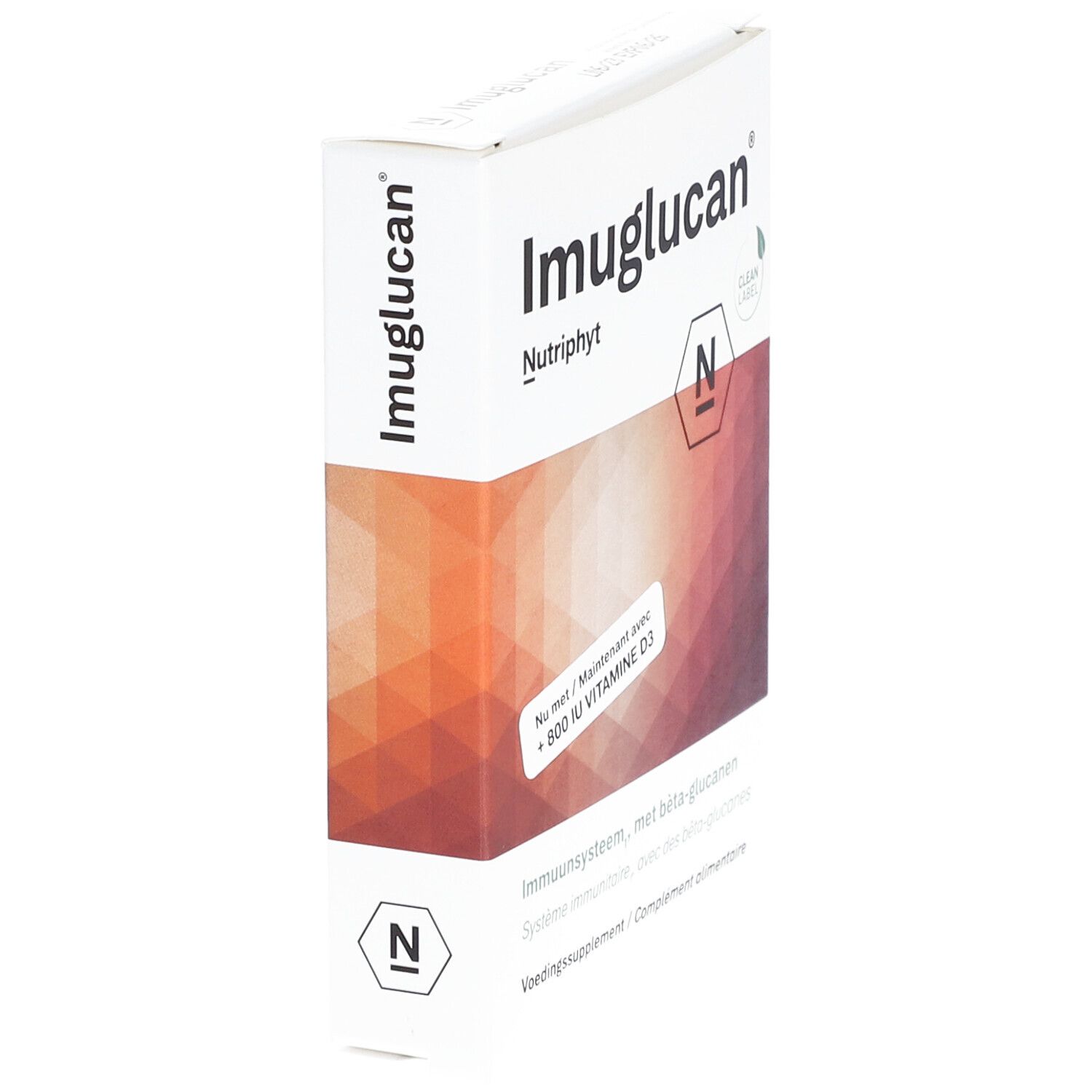 Witte doos Imuglucan Nutriphyt, schuine hoek. Bevat vitamine D3. Opschrift: Voedingssupplement.