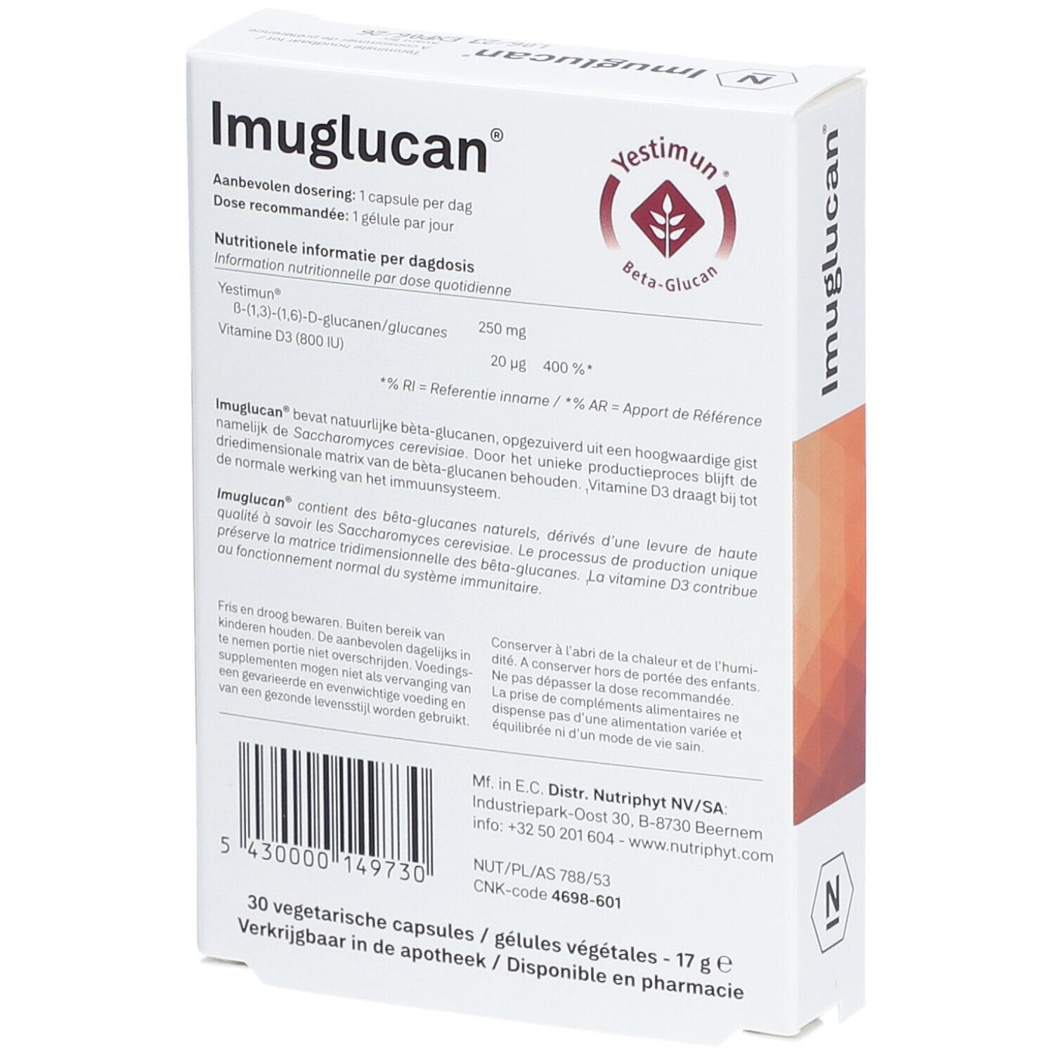 Achterkant Imuglucan verpakking. Bevat informatie over ingrediënten, dosering en fabrikant.