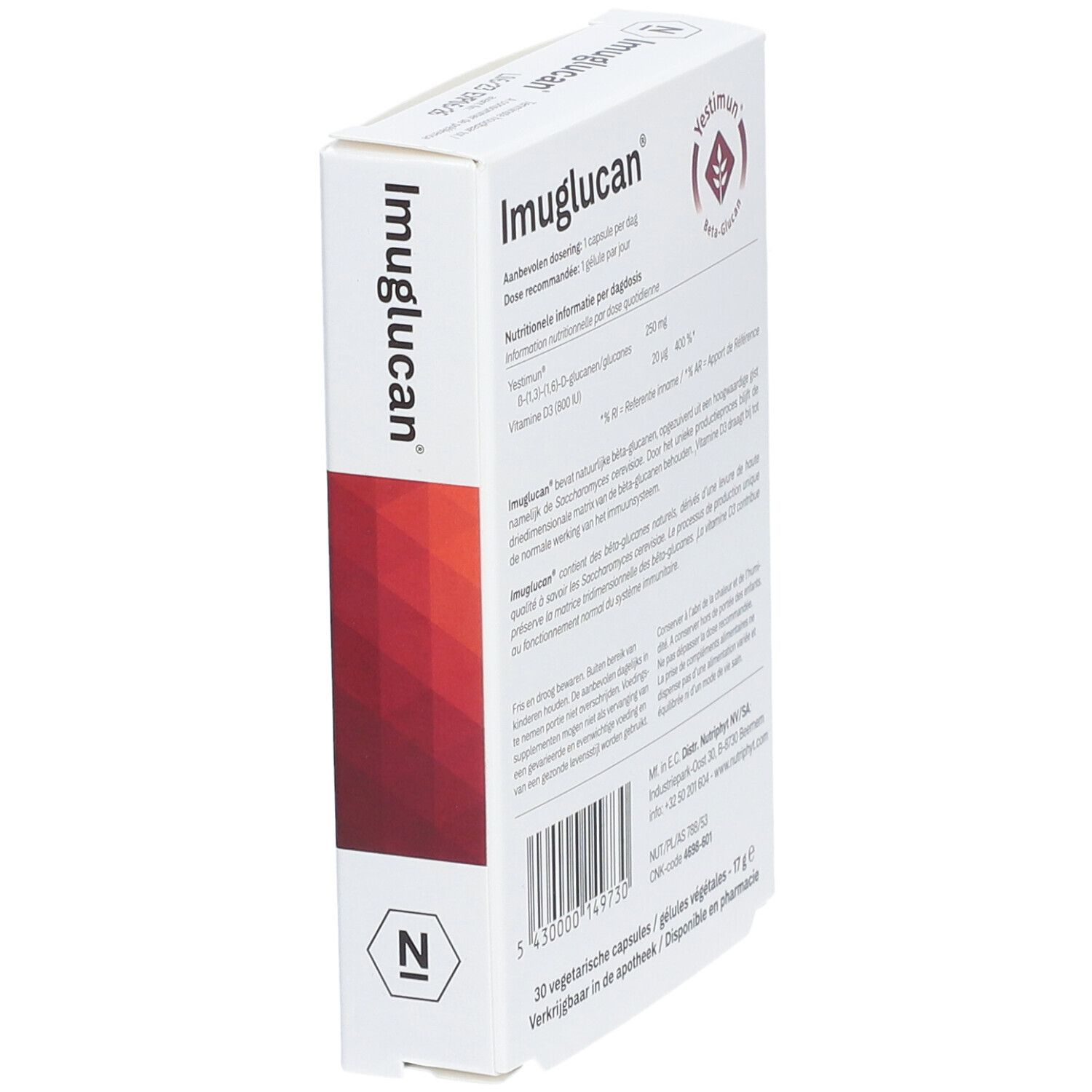 Achterkant Imuglucan verpakking, schuine hoek. Informatie over ingrediënten, dosering en fabrikant.