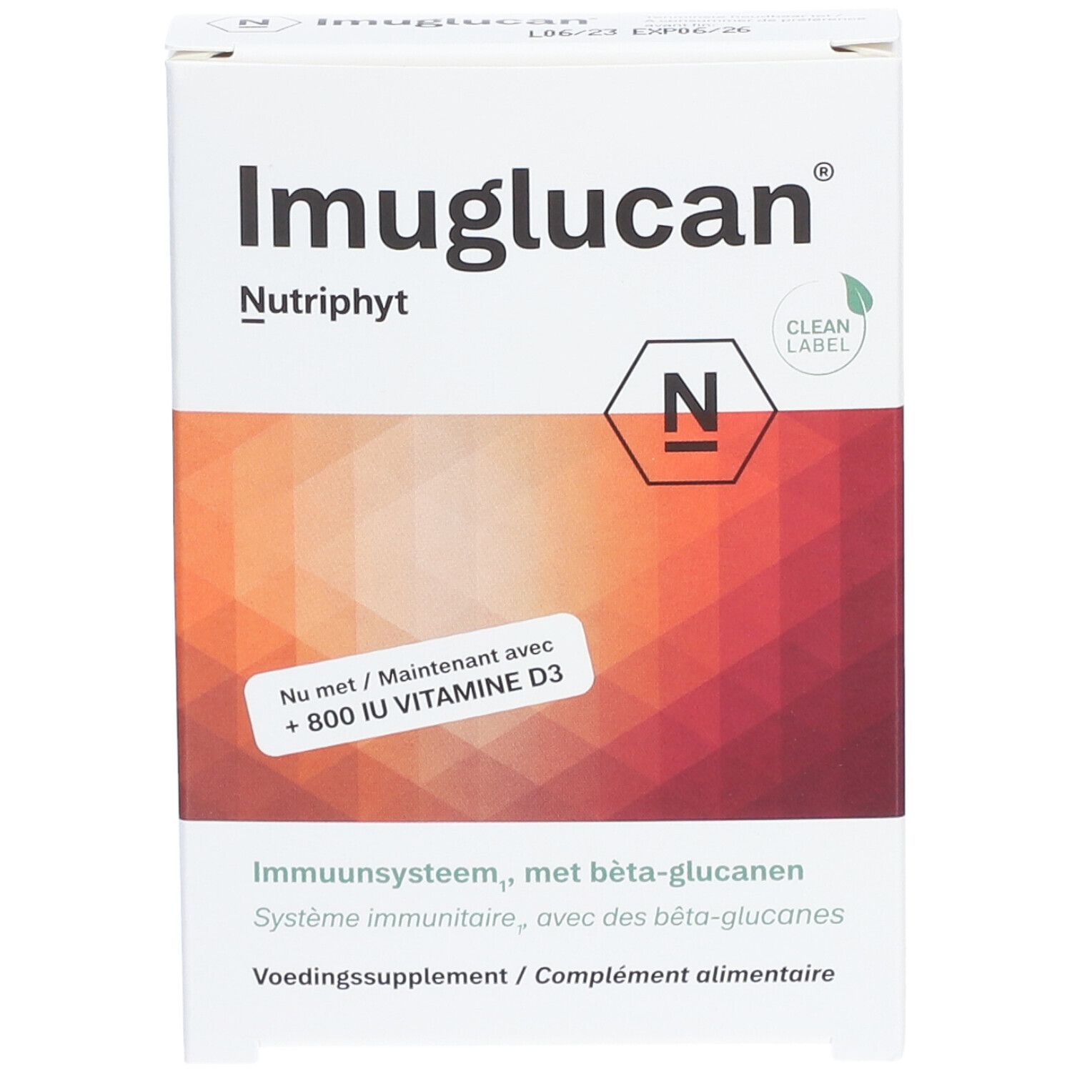 Witte doos Imuglucan Nutriphyt. Bevat vitamine D3. Opschrift: Voedingssupplement.