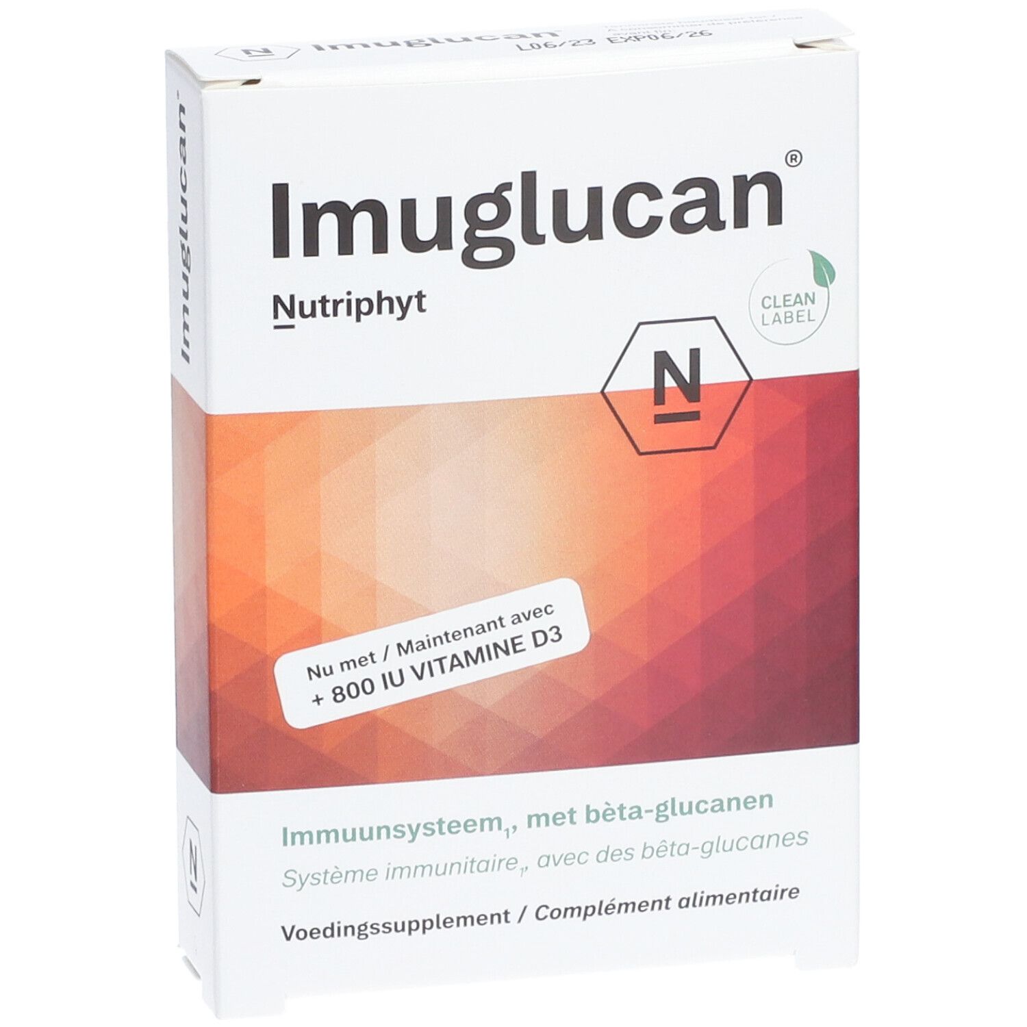 Witte doos Imuglucan Nutriphyt. Bevat vitamine D3. Opschrift: Voedingssupplement.
