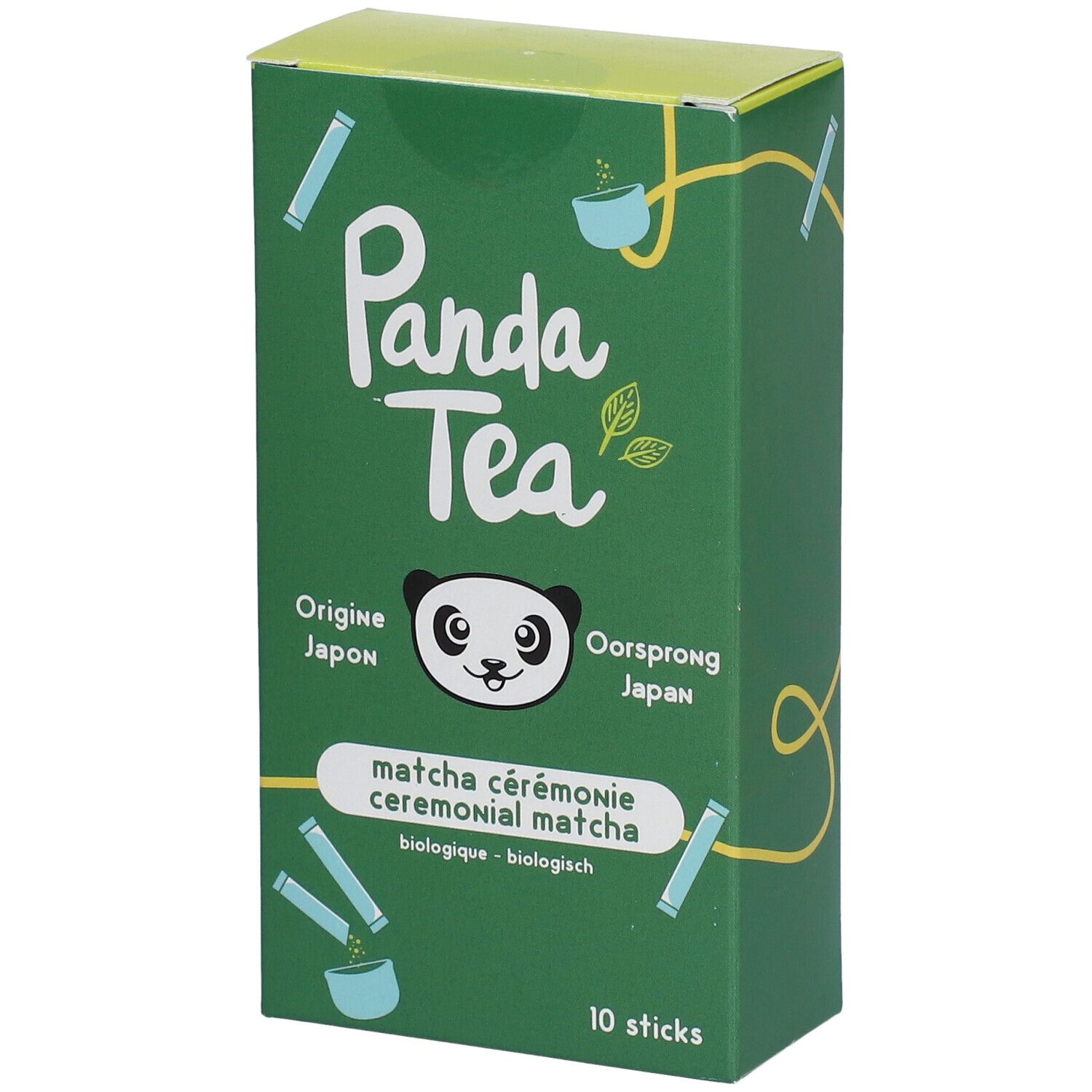 Groene doos Panda Tea Matcha. Tekst: Matcha cérémonie, biologisch. 10 sticks. Panda-logo.