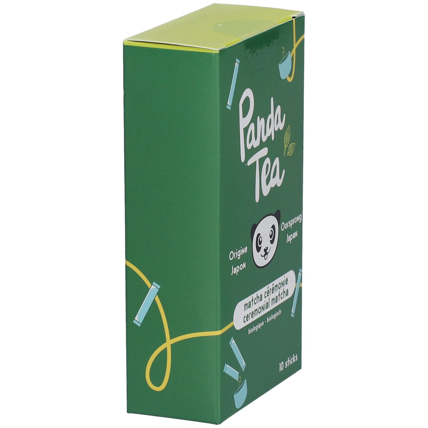 Groene doos Panda Tea Matcha. Zijkant met tekst: Matcha cérémonie, biologisch. Herkomst Japan. Panda-logo.