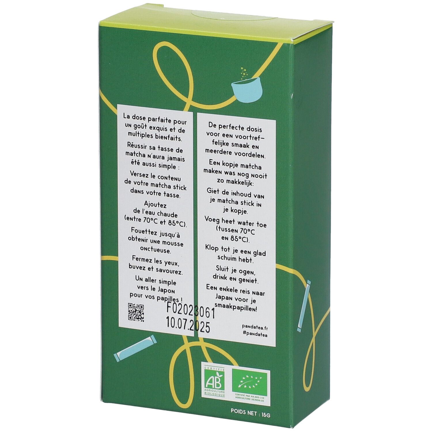 Achterkant van de groene doos. Tekst: Bereidingsinstructies, ingrediënten. Biokeurmerk. Ten minste houdbaar tot.