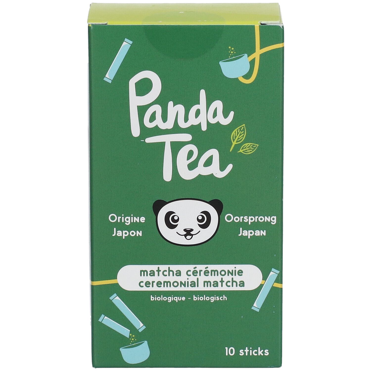 Groene doos Panda Tea Matcha. Tekst: Matcha cérémonie, biologisch. 10 sticks. Panda-logo.