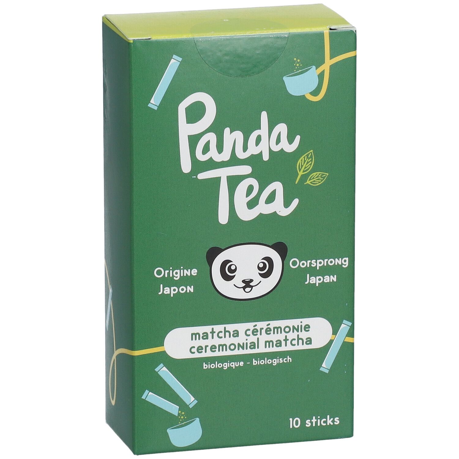 Groene doos Panda Tea Matcha. Tekst: Matcha cérémonie, biologisch. 10 sticks. Panda-logo.