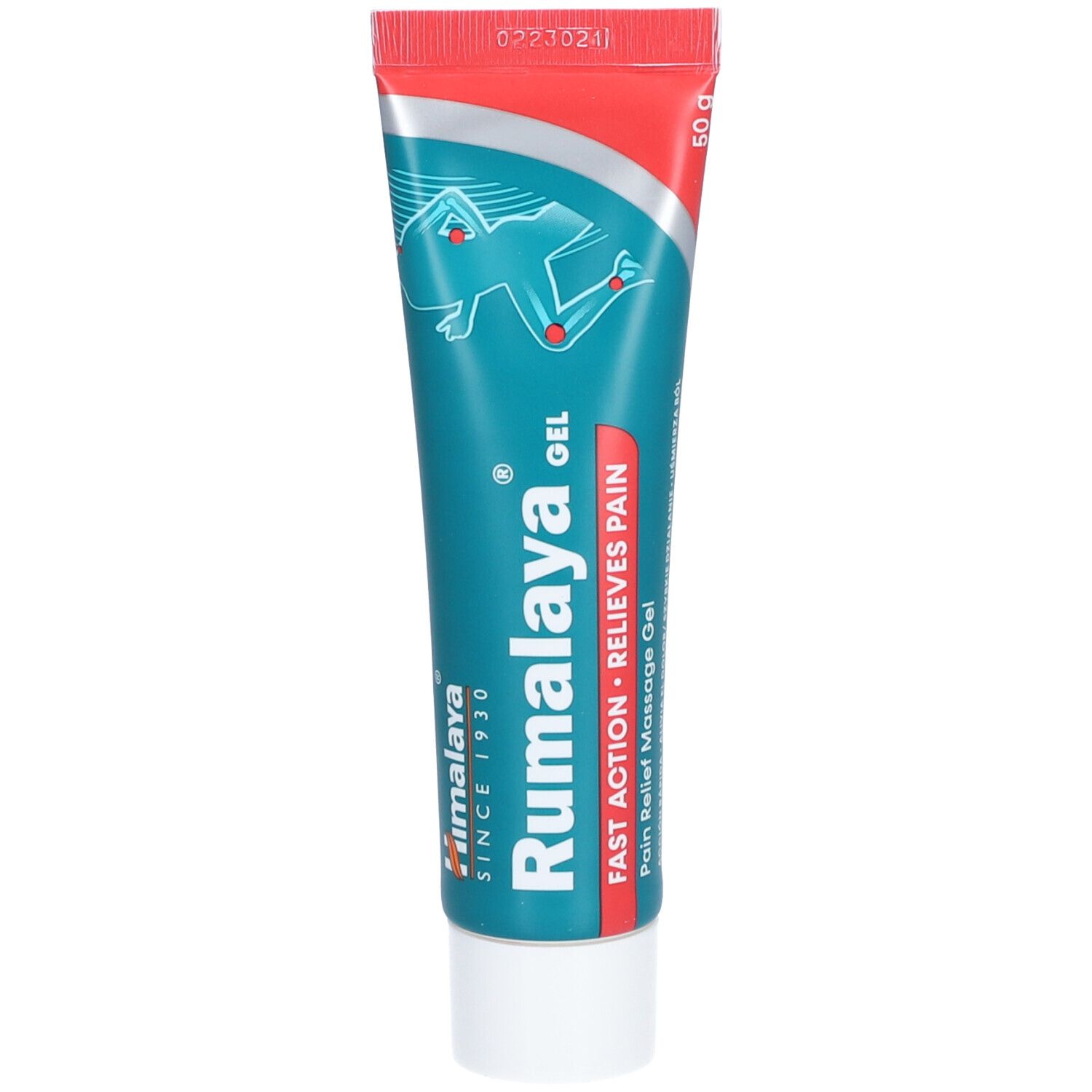Tube de gel Rumalaya. Turquoise, rouge et blanc. Inscription : Fast Action, Relieves Pain. Avec illustration.