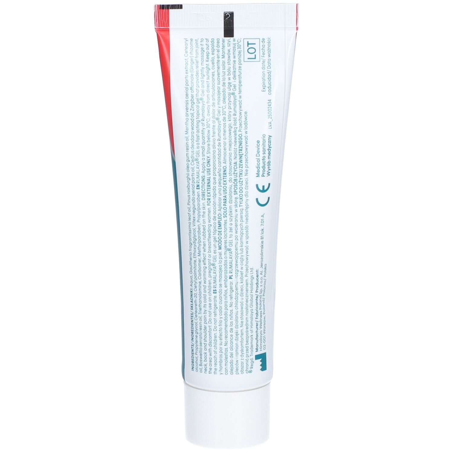 Dos d'un tube de gel Rumalaya. Texte en plusieurs langues. Marquage CE. Tube blanc avec impression rouge et turquoise.