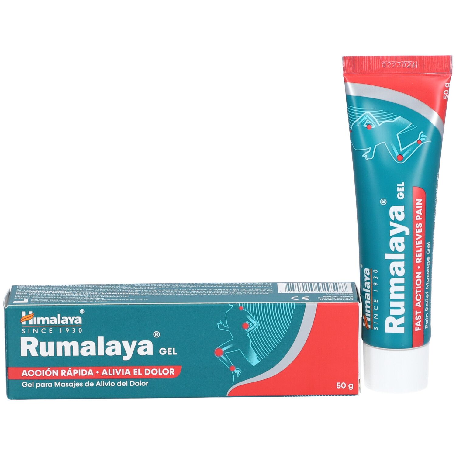 Tube et boîte de gel Rumalaya. Turquoise, rouge et blanc. Inscription : Fast Action, Relieves Pain. Avec illustration. Boîte à côté.