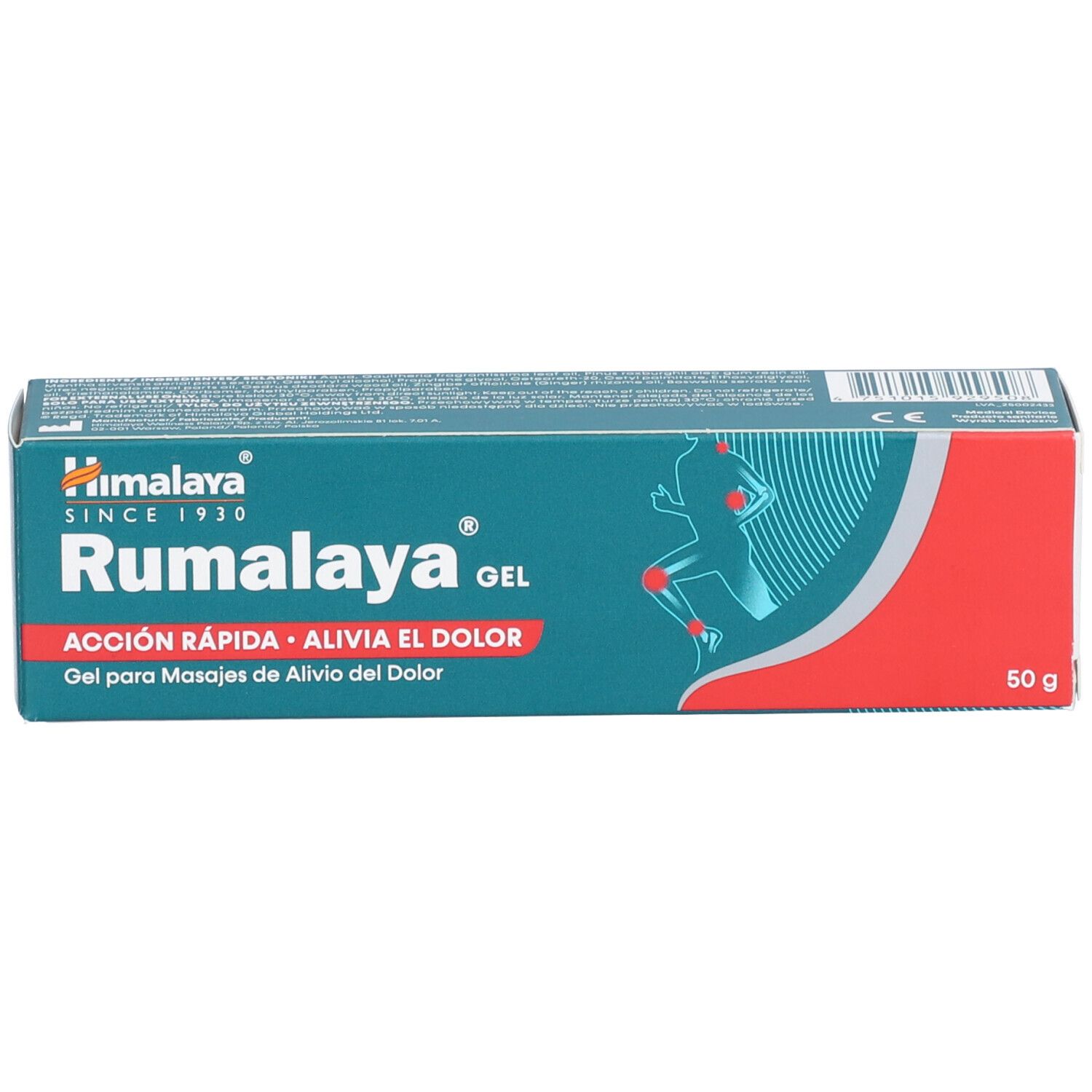 Boîte de gel Rumalaya. Turquoise, rouge et blanc. Inscription : Fast Action, Relieves Pain. Avec illustration. Marquage CE.