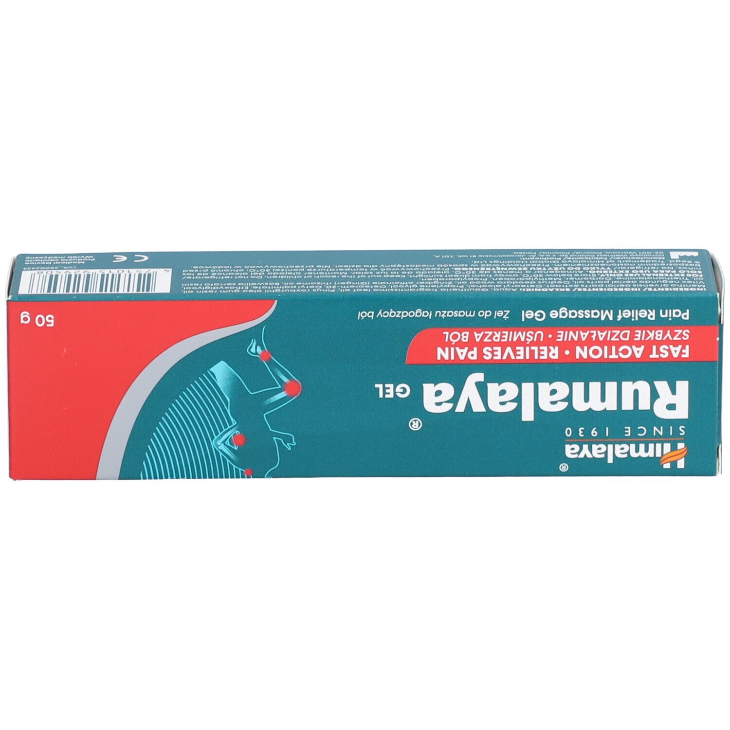 Dessus de la boîte de gel Rumalaya. Turquoise, rouge et blanc. Inscription : Fast Action, Relieves Pain. Avec illustration.