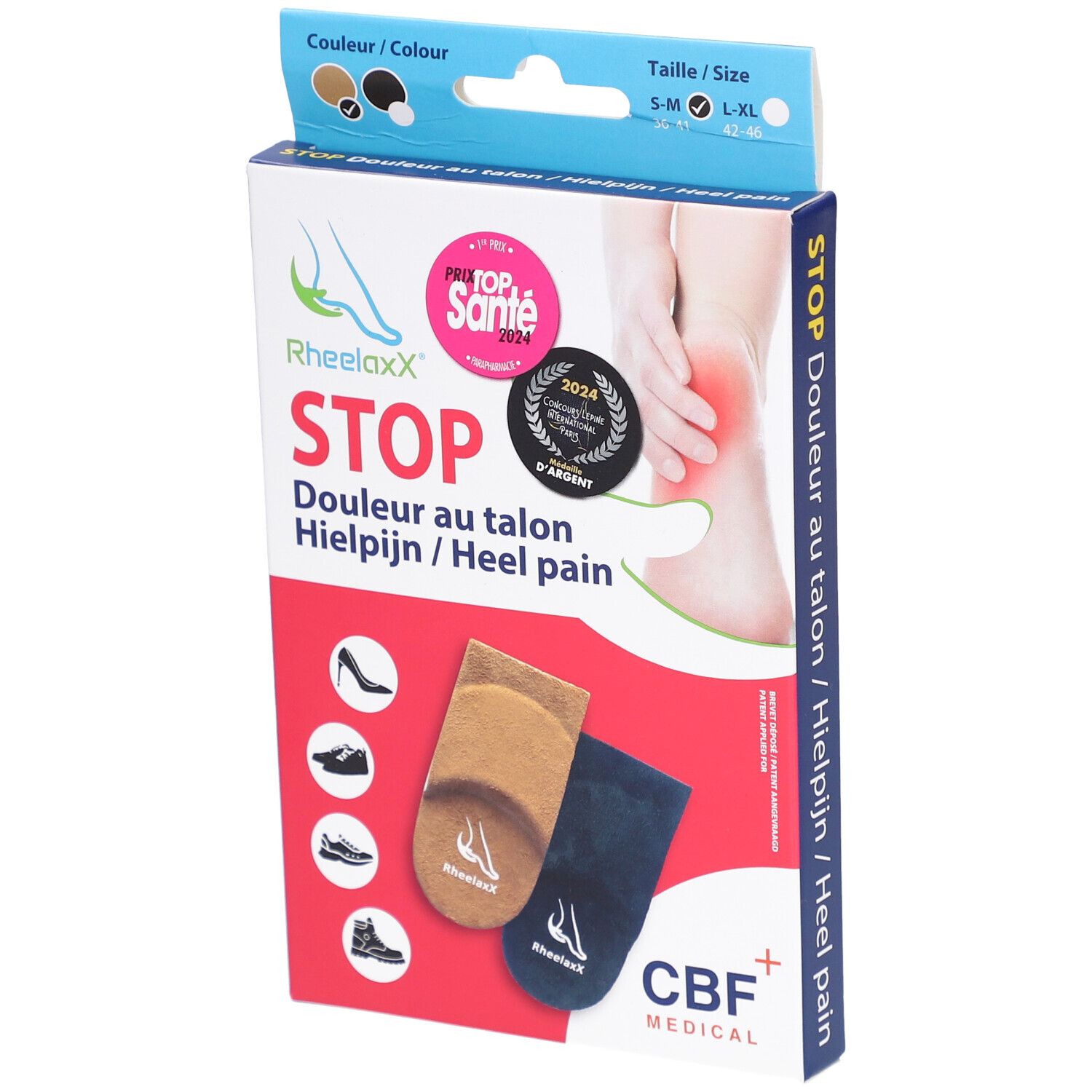 Boîte avec deux coussinets pour le talon. Inscription: Rheelaxx STOP, Douleur au talon / Hielpijn / Heel pain. Label: Top Santé.