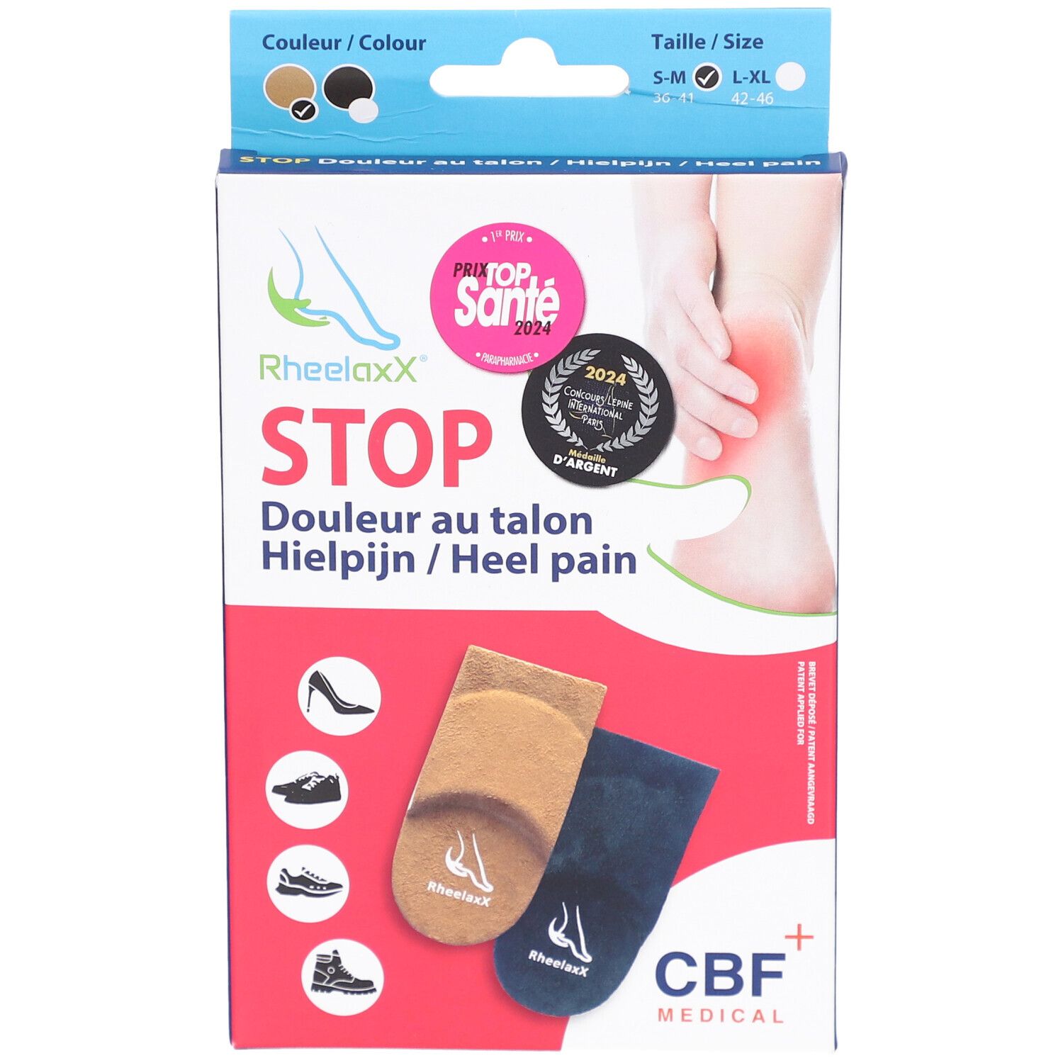 Boîte avec deux coussinets pour le talon. Inscription: Rheelaxx STOP, Douleur au talon / Hielpijn / Heel pain. Label: Top Santé.