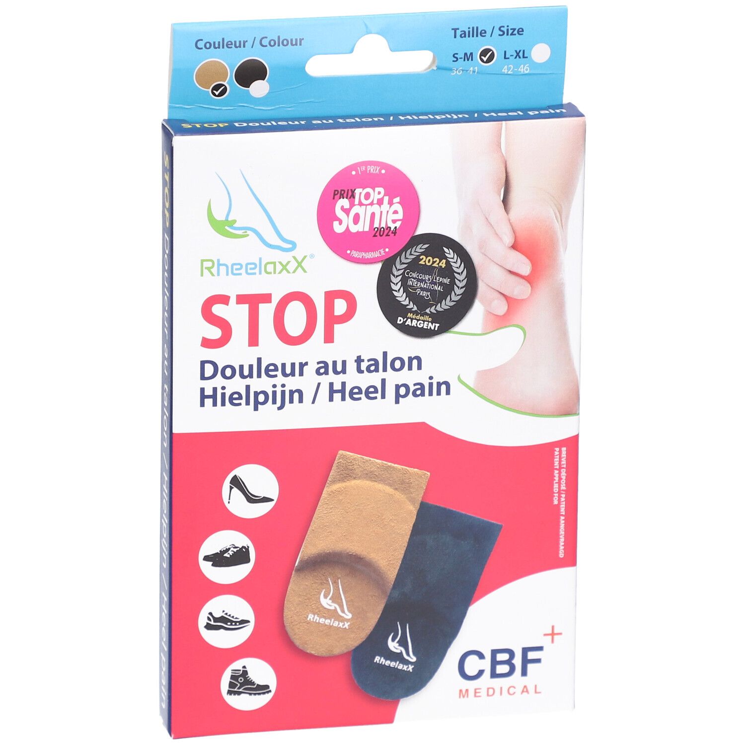Boîte avec deux coussinets pour le talon. Inscription: Rheelaxx STOP, Douleur au talon / Hielpijn / Heel pain. Label: Top Santé.