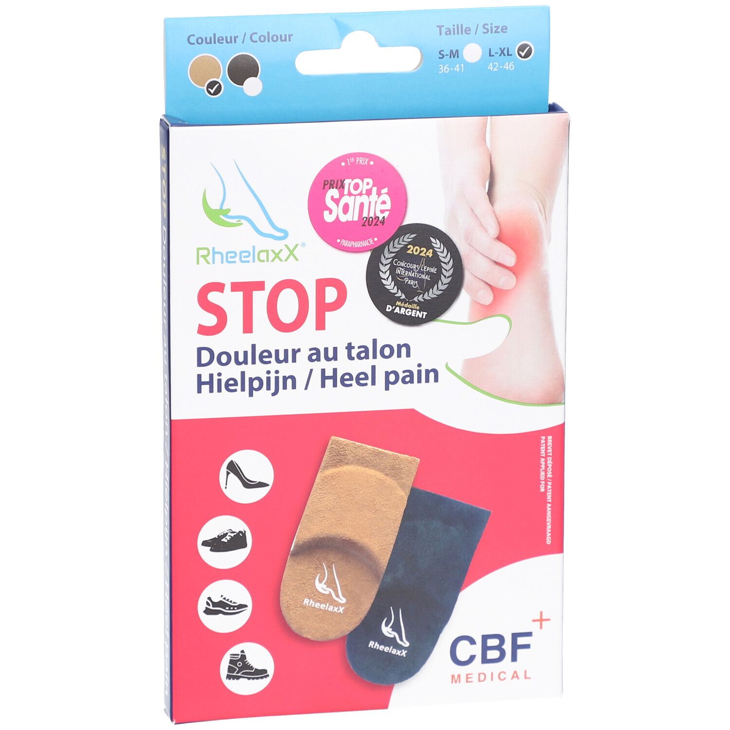 Boîte avec deux coussinets pour le talon. Inscription : Rheelaxx Stop, soulagement de la douleur. Taille L-XL. Prix Top Santé.