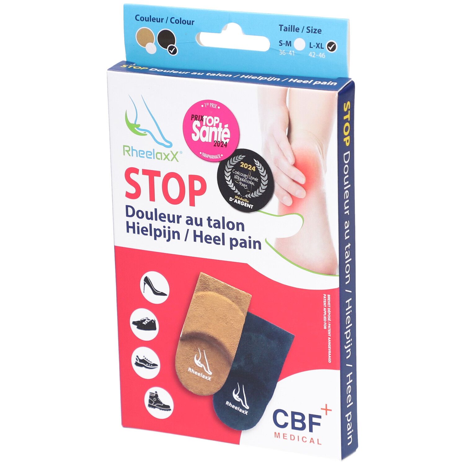 Boîte avec deux coussinets pour talons. Couleurs : beige et noir. Inscription : Rheelaxx STOP, CBF Medical. Prix.