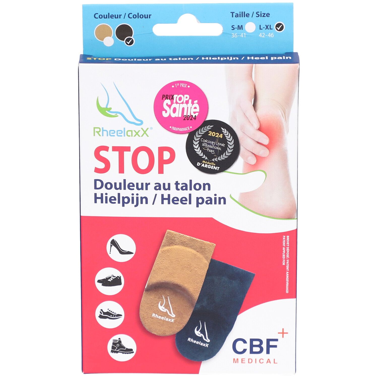 Boîte avec deux coussinets pour talons. Couleurs : beige et noir. Inscription : Rheelaxx STOP, CBF Medical. Prix.