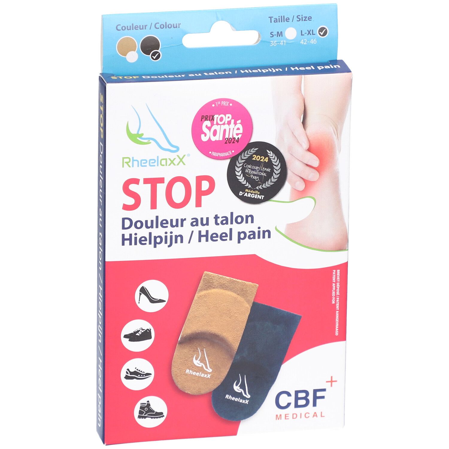 Boîte avec deux coussinets pour talons. Couleurs : beige et noir. Inscription : Rheelaxx STOP, CBF Medical. Prix.
