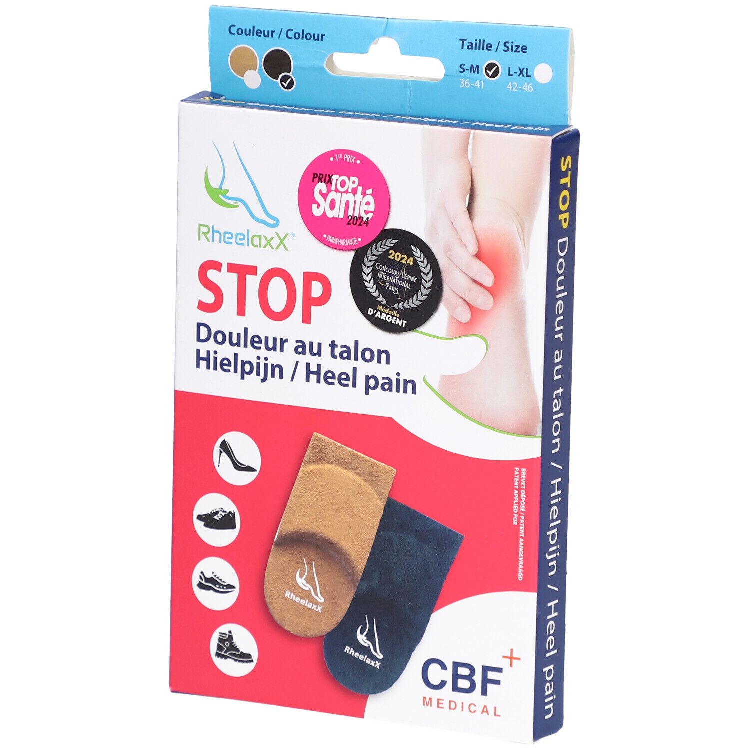 Boîte Rheelaxx Stop Douleur au talon S-M Noir. Contient deux semelles, beige et bleu. Inscriptions: Rheelaxx, Stop, CBF Medical.