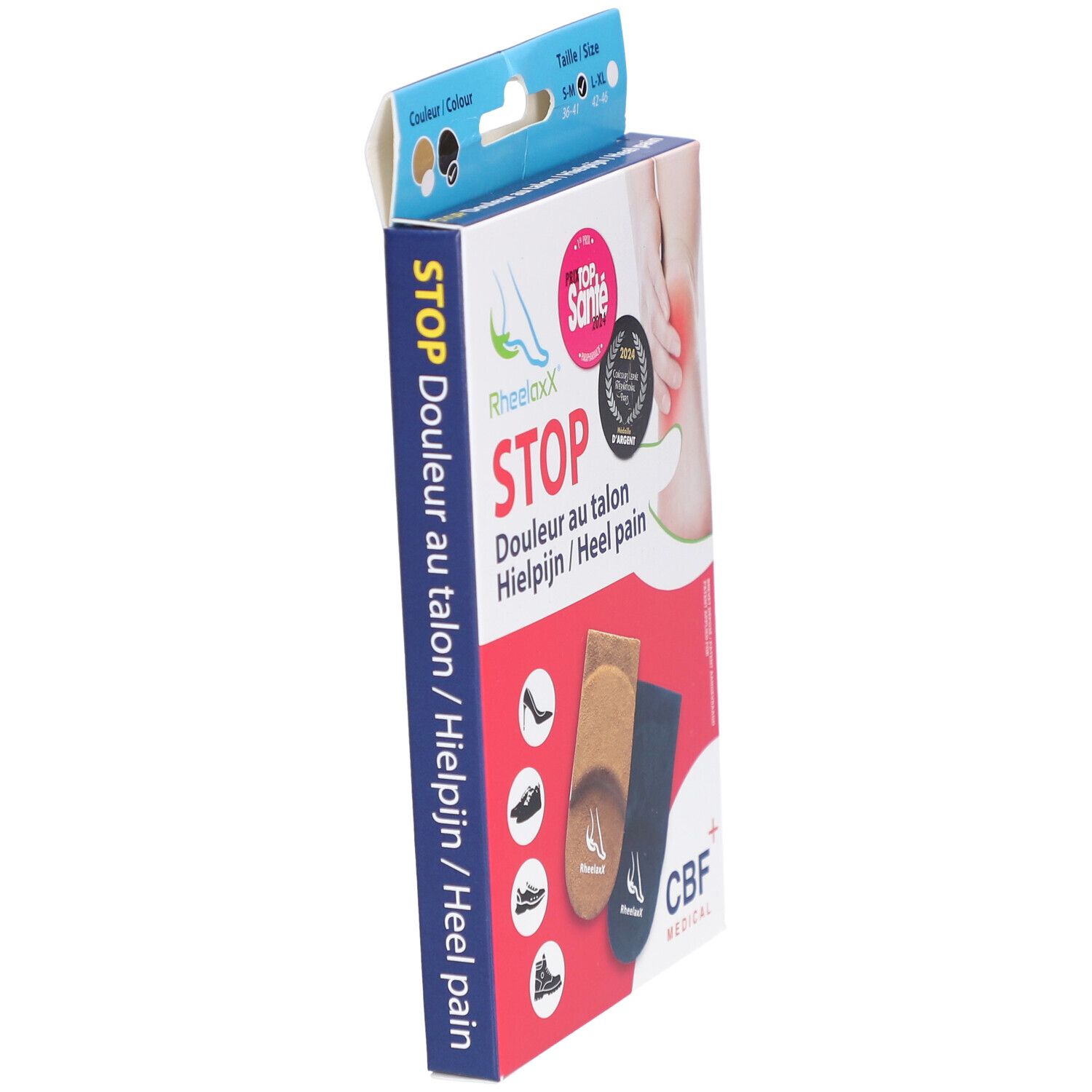 Vue latérale de la boîte Rheelaxx Stop Douleur au talon S-M Noir. Inscriptions: Rheelaxx, Stop, CBF Medical. Indication de taille S-M, L-XL.