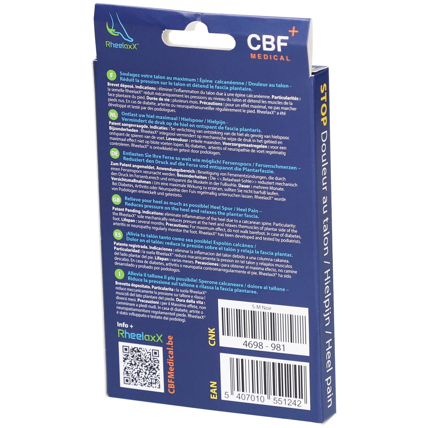 Dos de la boîte Rheelaxx Stop Douleur au talon S-M Noir. Texte multilingue. Logo CBF Medical. Code QR et code EAN.
