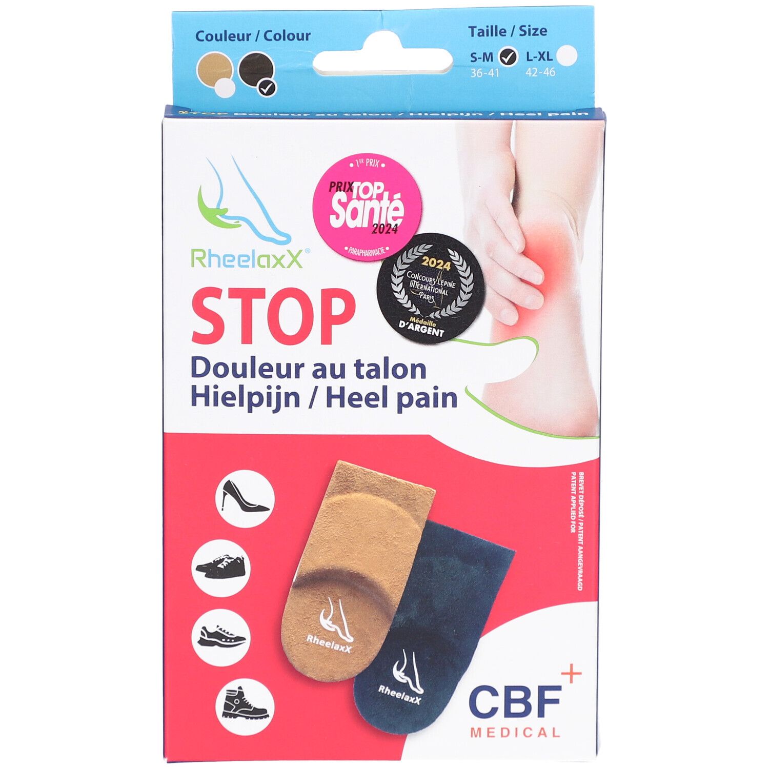 Boîte Rheelaxx Stop Douleur au talon S-M Noir. Deux semelles, beige et bleu. Inscriptions: Rheelaxx, Stop, CBF Medical. Distinction.