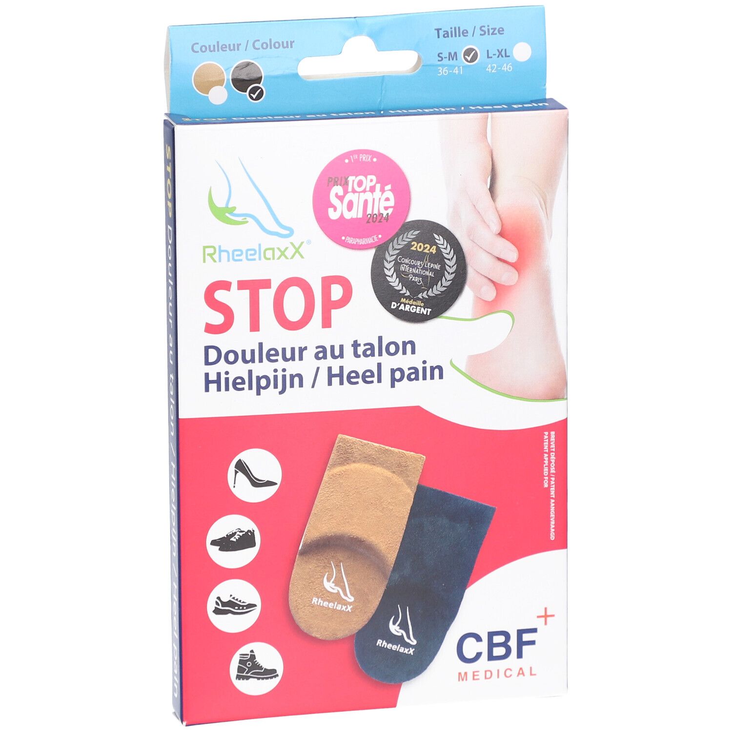 Boîte Rheelaxx Stop Douleur au talon S-M Noir. Deux semelles, beige et bleu. Inscriptions: Rheelaxx, Stop, CBF Medical. Distinction.