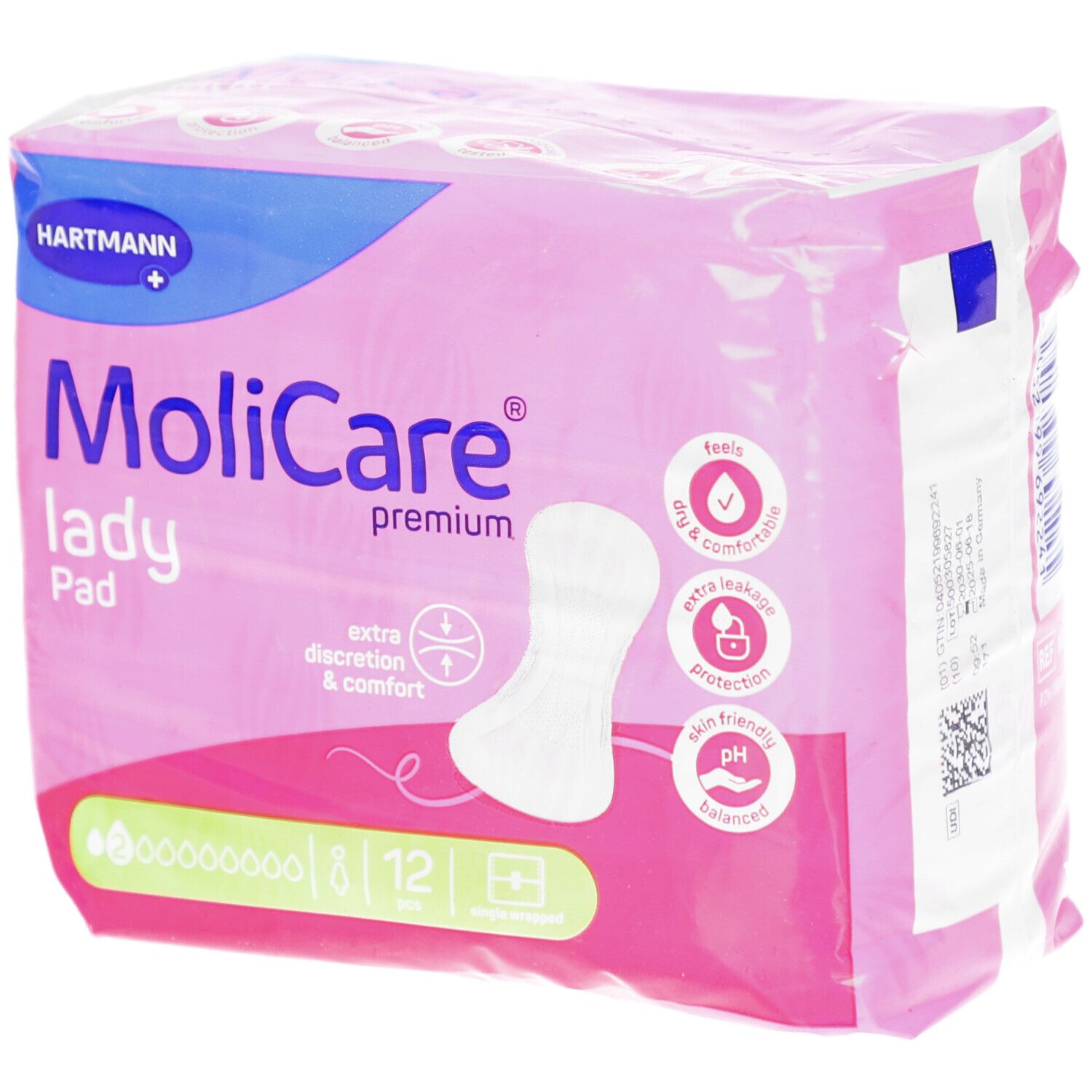 Verpackung MoliCare lady Pad, rosa. Marke Hartmann. 12 Stück. Mit Produktmerkmalen und Logo.