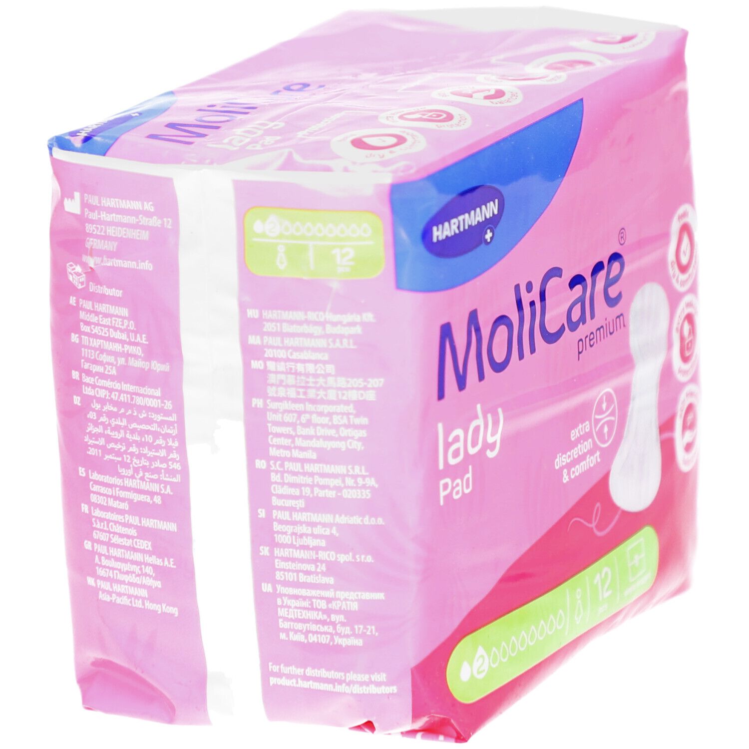 MoliCare lady Pad Verpackung, rosa. Marke Hartmann. Text auf Verpackung. 12 Stück.