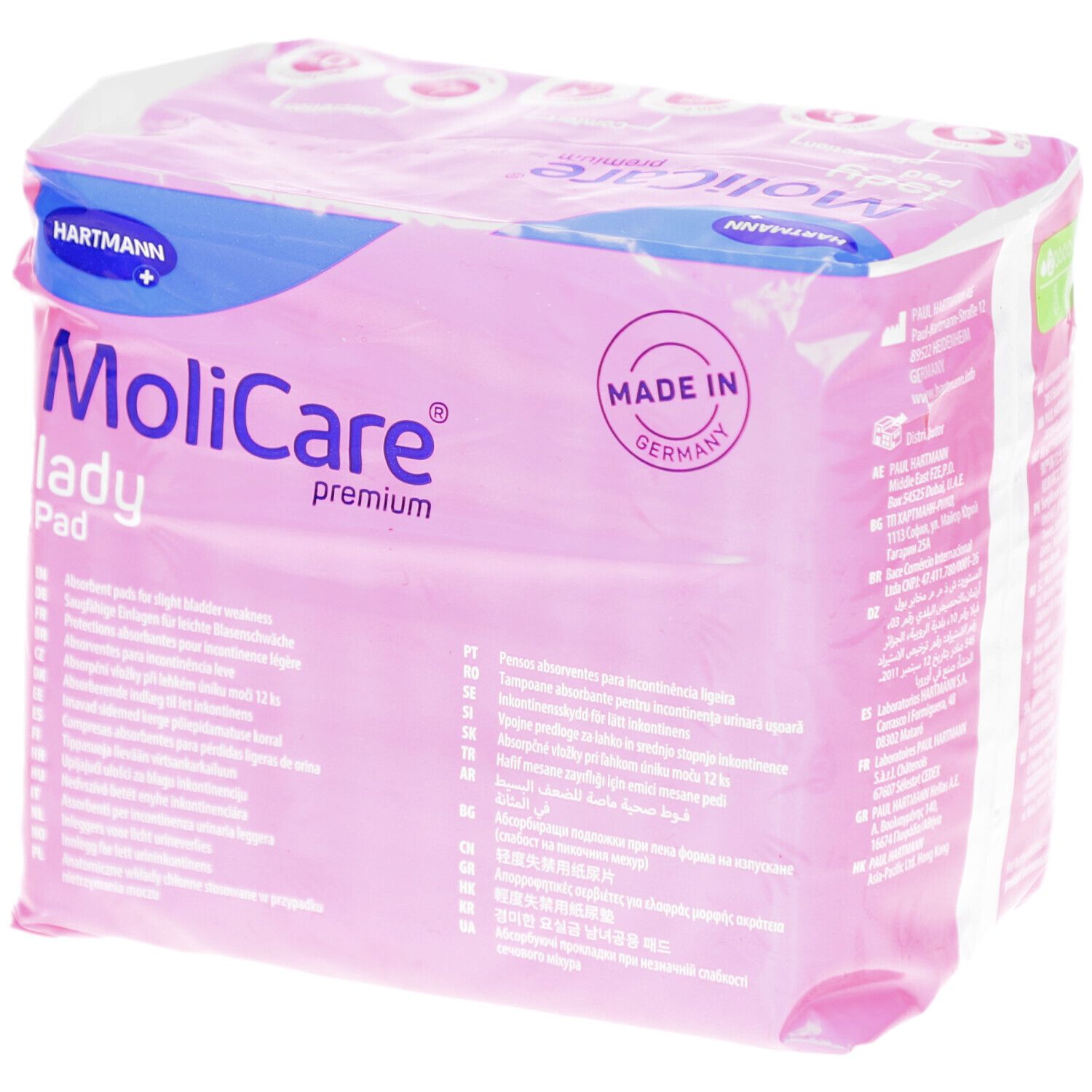 MoliCare lady Pad Verpackung, rosa. Marke Hartmann. Aufdruck 'Made in Germany'. 12 Stück.