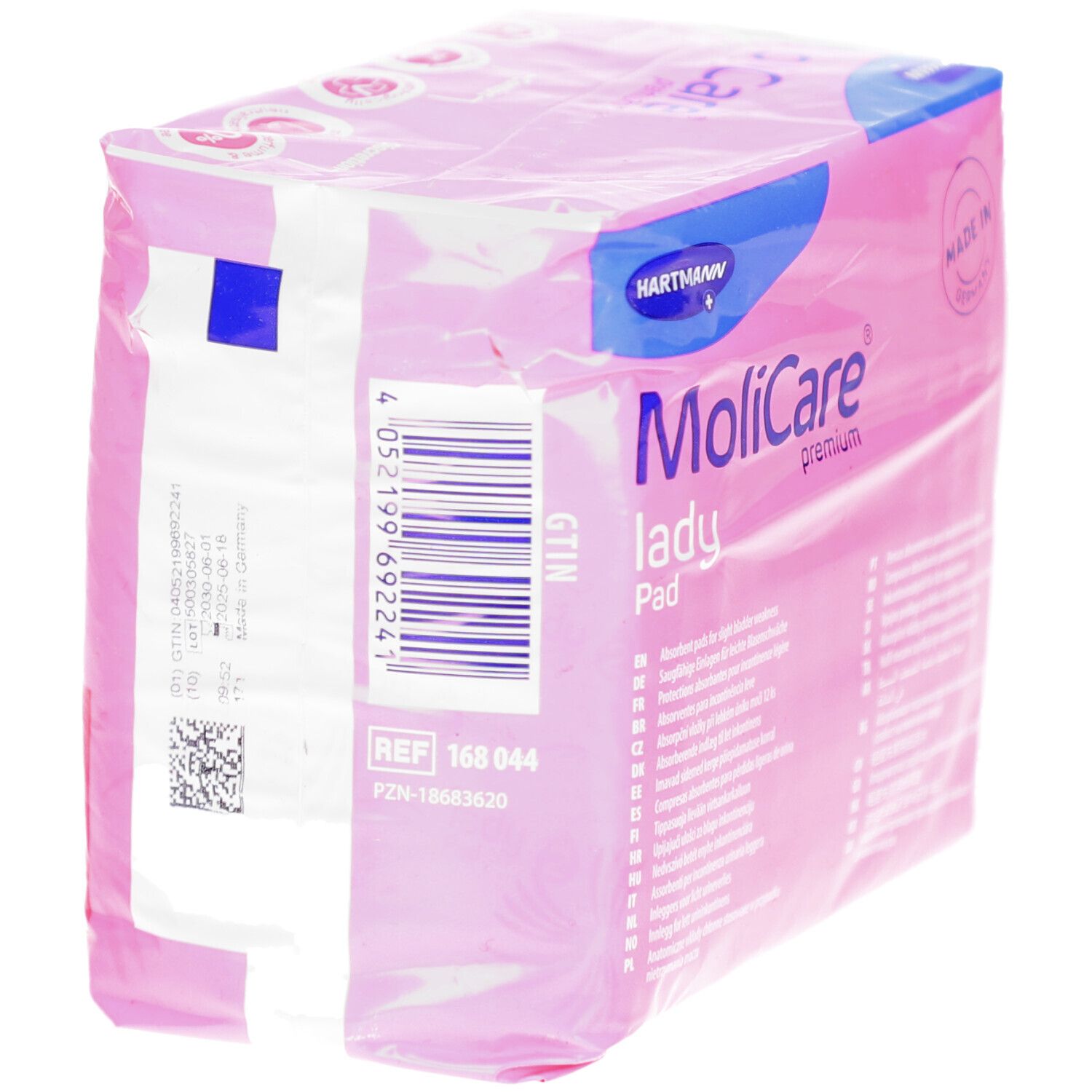 MoliCare lady Pad Verpackung, rosa. Marke Hartmann. Barcode und Produktinformationen. 12 Stück.