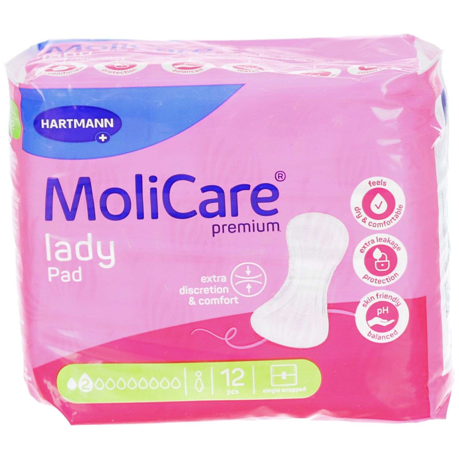 MoliCare lady Pad Verpackung, rosa. Marke Hartmann. 12 Stück. Produktmerkmale und Logo.