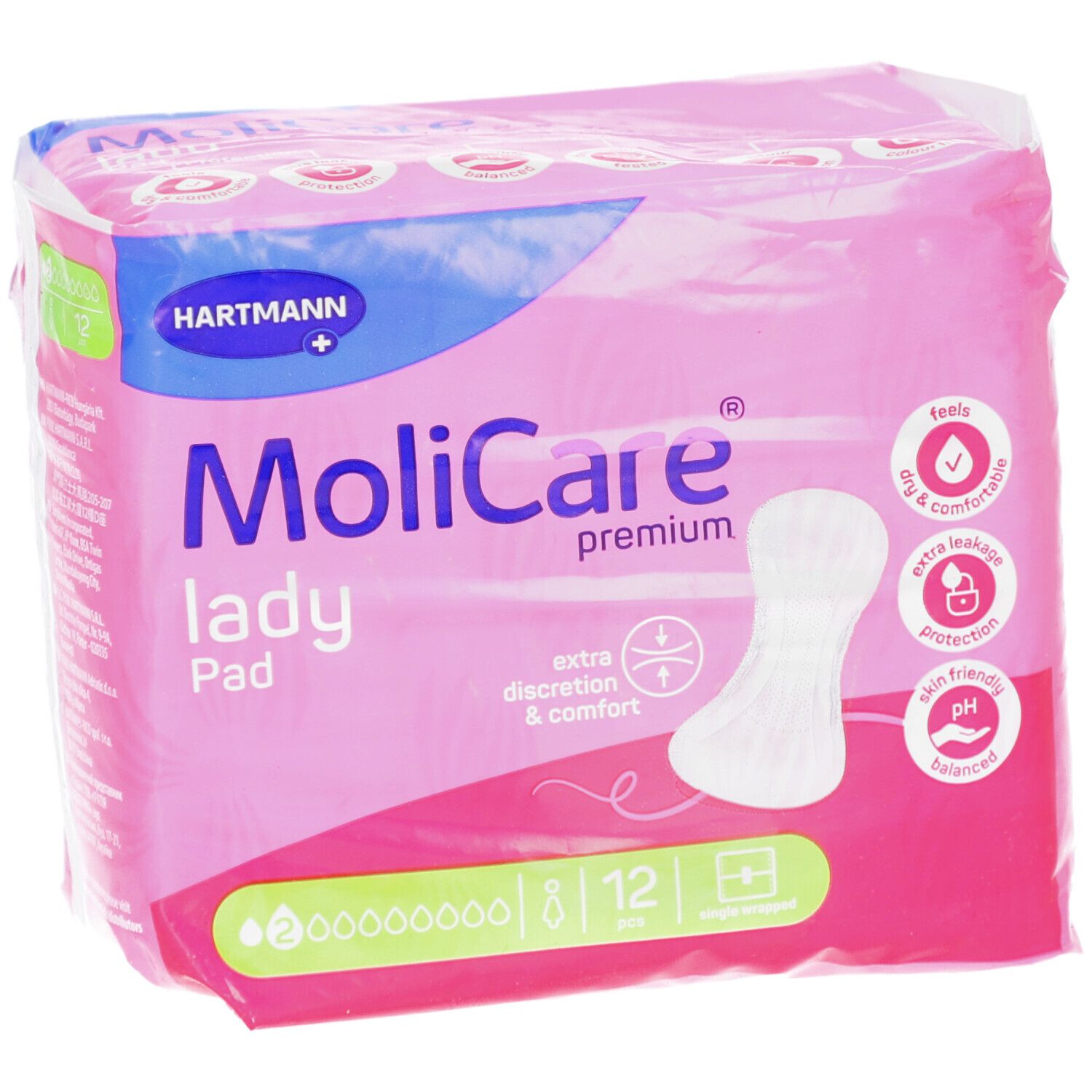 MoliCare lady Pad Verpackung, rosa. Marke Hartmann. 12 Stück. Produktmerkmale und Logo.