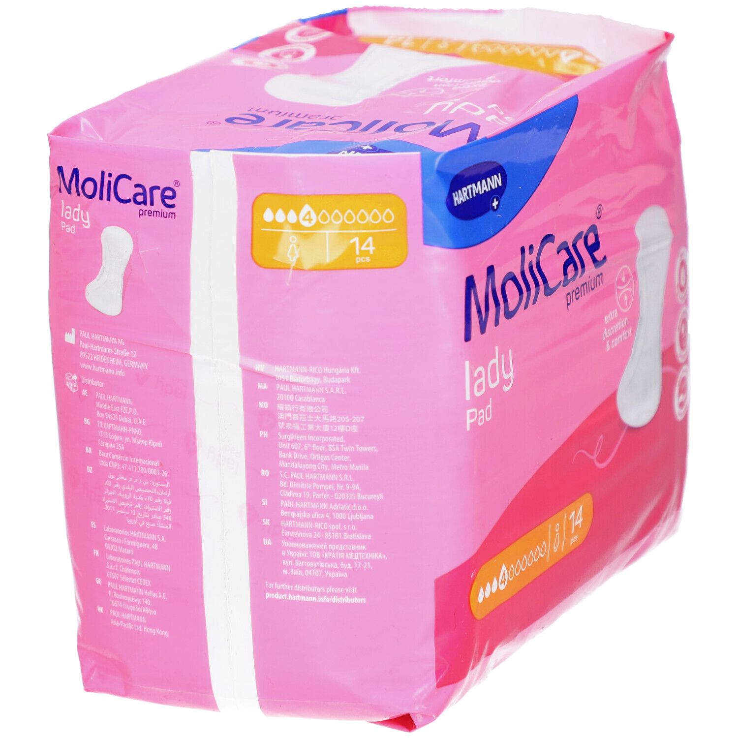 Rosa Verpackung Hartmann MoliCare lady Pad. 14 Stück. Aufdrucke: extra Diskretion & Komfort, pH-hautfreundlich.