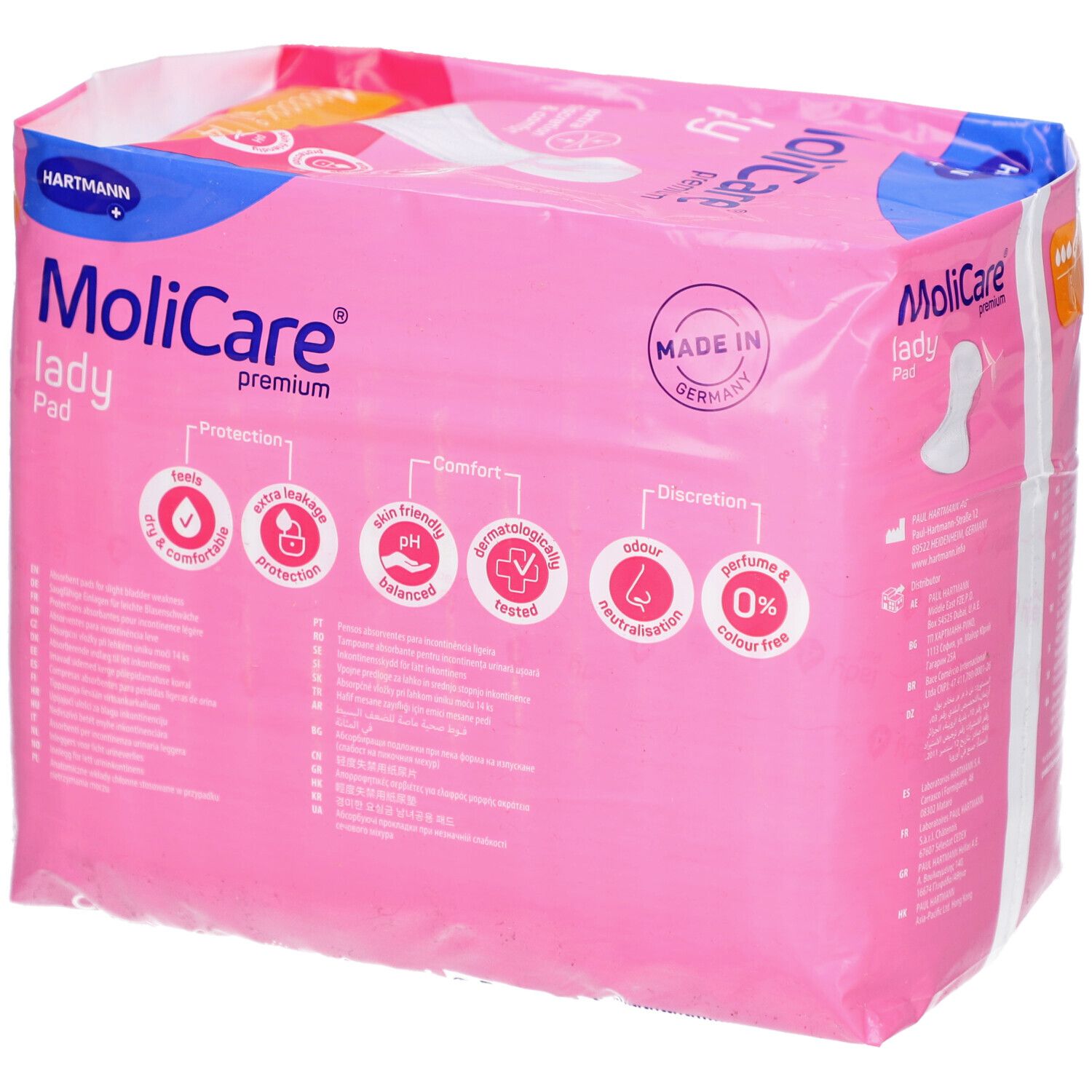Rosa Verpackung Hartmann MoliCare lady Pad. 14 Stück. Aufdrucke: extra Diskretion & Komfort, pH-hautfreundlich.
