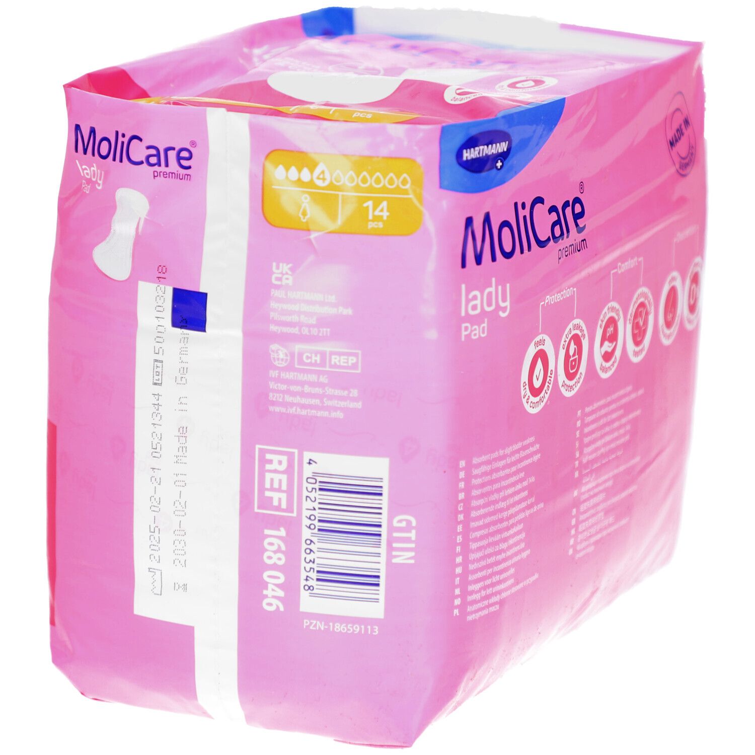 Rosa Verpackung Hartmann MoliCare lady Pad. 14 Stück. Aufdrucke: extra Diskretion & Komfort, pH-hautfreundlich.