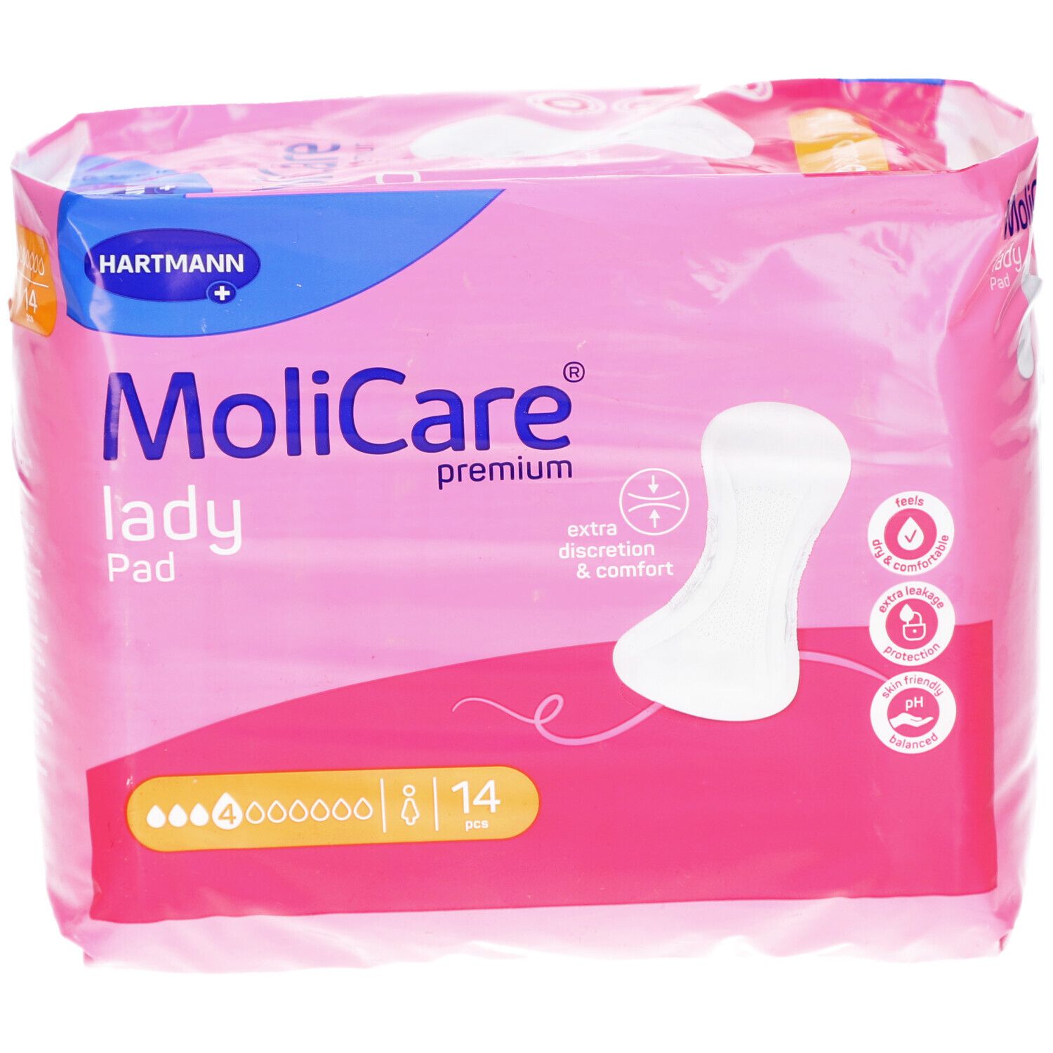 Rosa Verpackung Hartmann MoliCare lady Pad. 14 Stück. Aufdrucke: extra Diskretion & Komfort, pH-hautfreundlich.