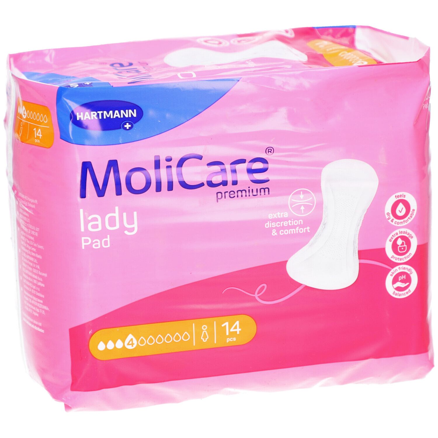 Rosa Verpackung Hartmann MoliCare lady Pad. 14 Stück. Aufdrucke: extra Diskretion & Komfort, pH-hautfreundlich.