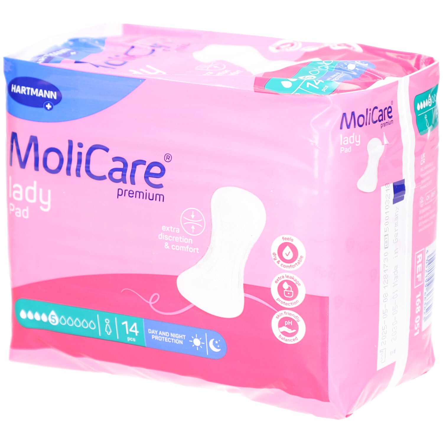 MoliCare Lady Pad Packung. Rosa Verpackung mit Produktabbildung und Logo. 14 Stück, 5 Tropfen. Hartmann Logo.