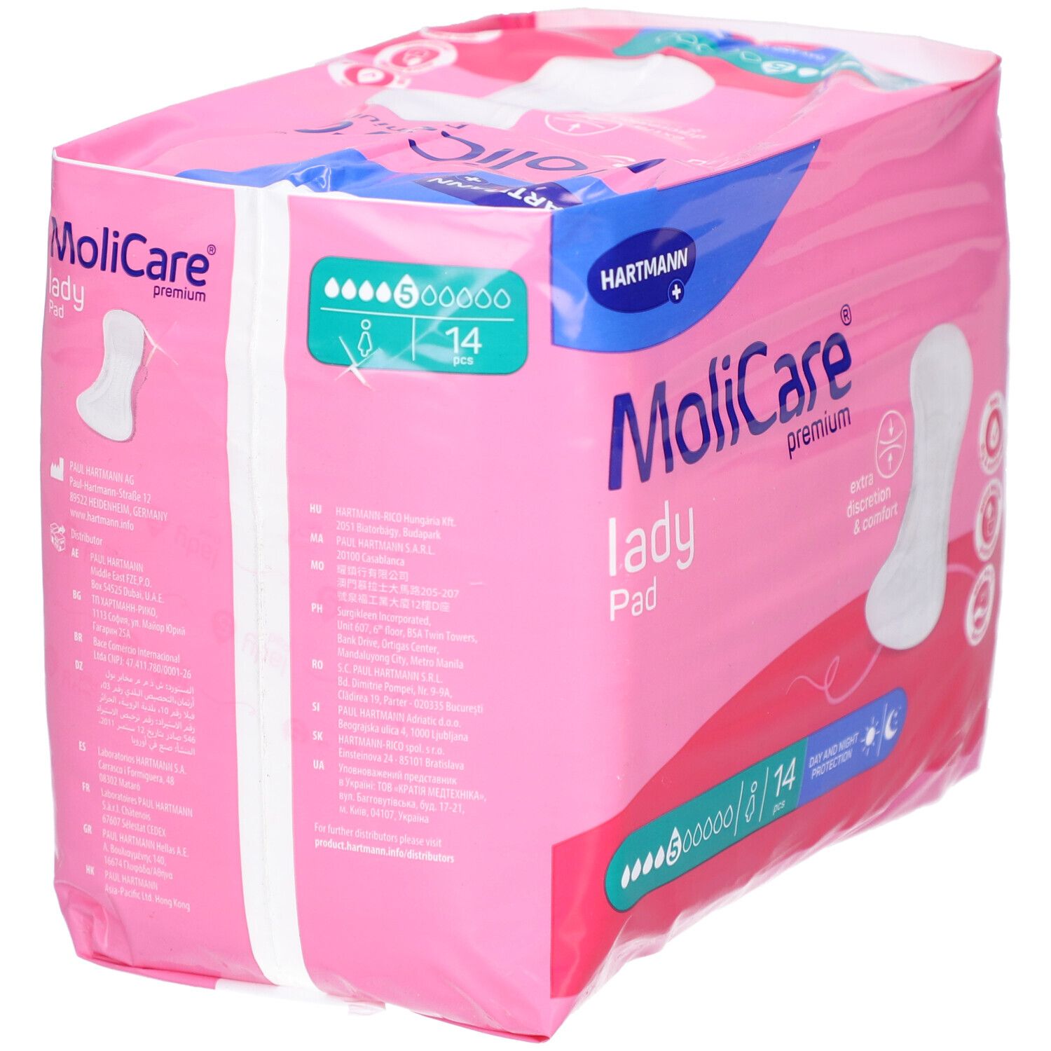 MoliCare Lady Pad Packung. Rosa Verpackung mit Produktabbildung und Logo. 14 Stück, 5 Tropfen. Hartmann Logo.