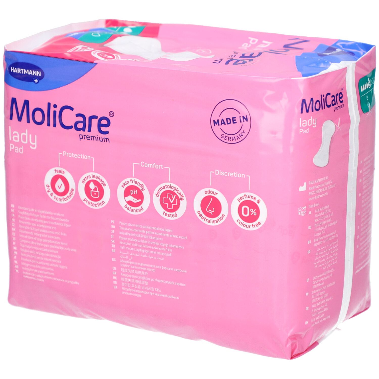 MoliCare Lady Pad Packung. Rosa Verpackung mit Produktabbildung und Logo. 14 Stück, 5 Tropfen. Hartmann Logo.