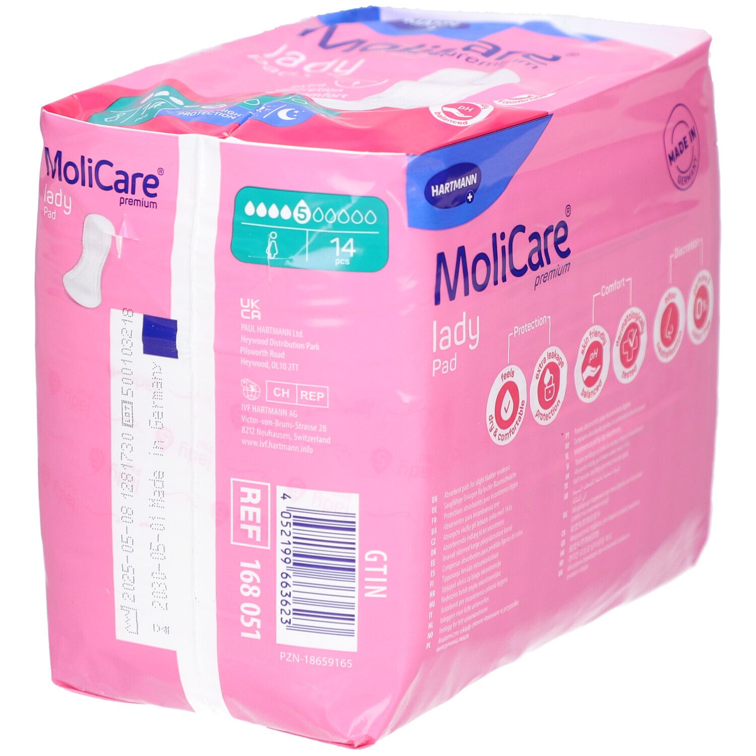 MoliCare Lady Pad Packung. Rosa Verpackung mit Produktabbildung und Logo. 14 Stück, 5 Tropfen. Hartmann Logo.