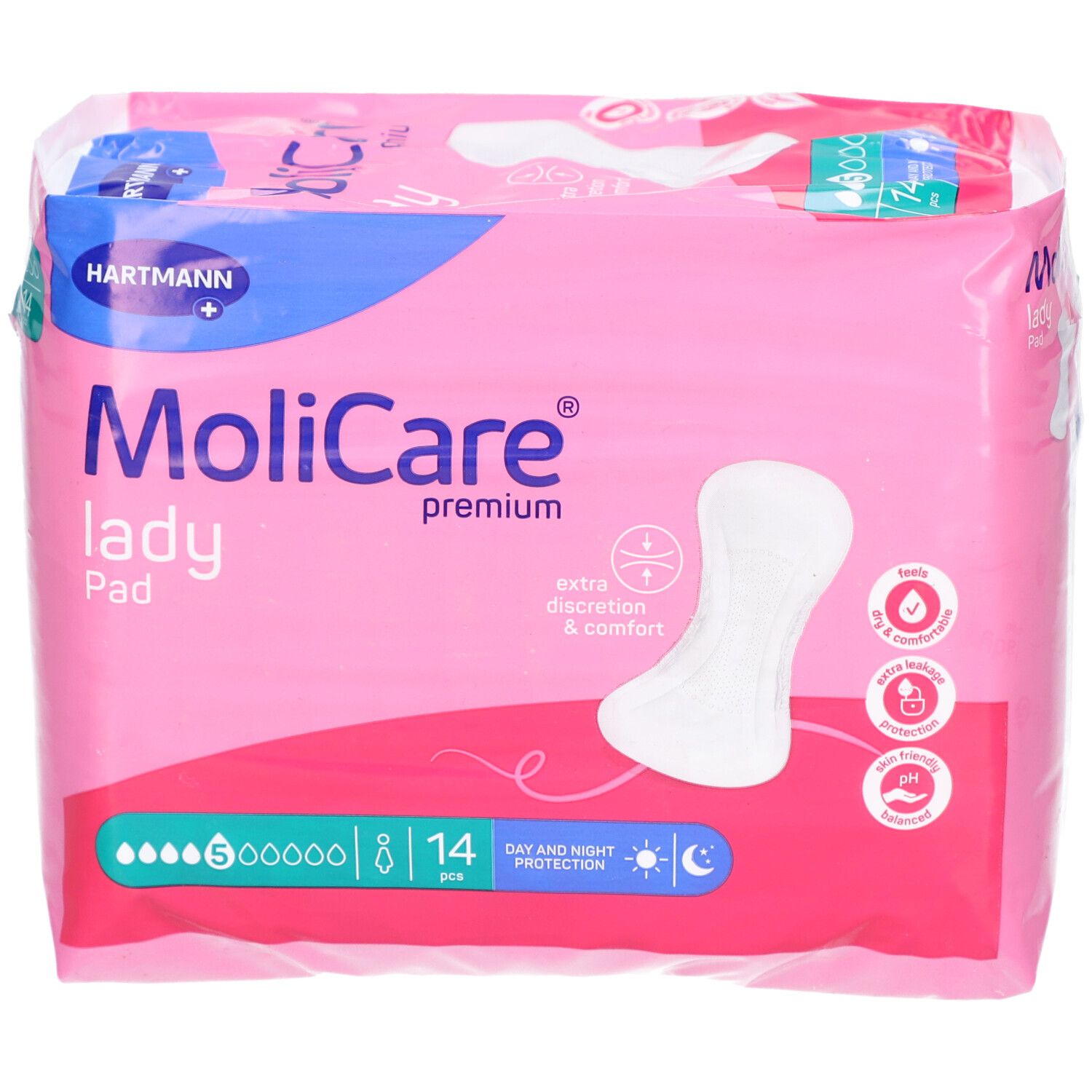 MoliCare Lady Pad Packung. Rosa Verpackung mit Produktabbildung und Logo. 14 Stück, 5 Tropfen. Hartmann Logo.
