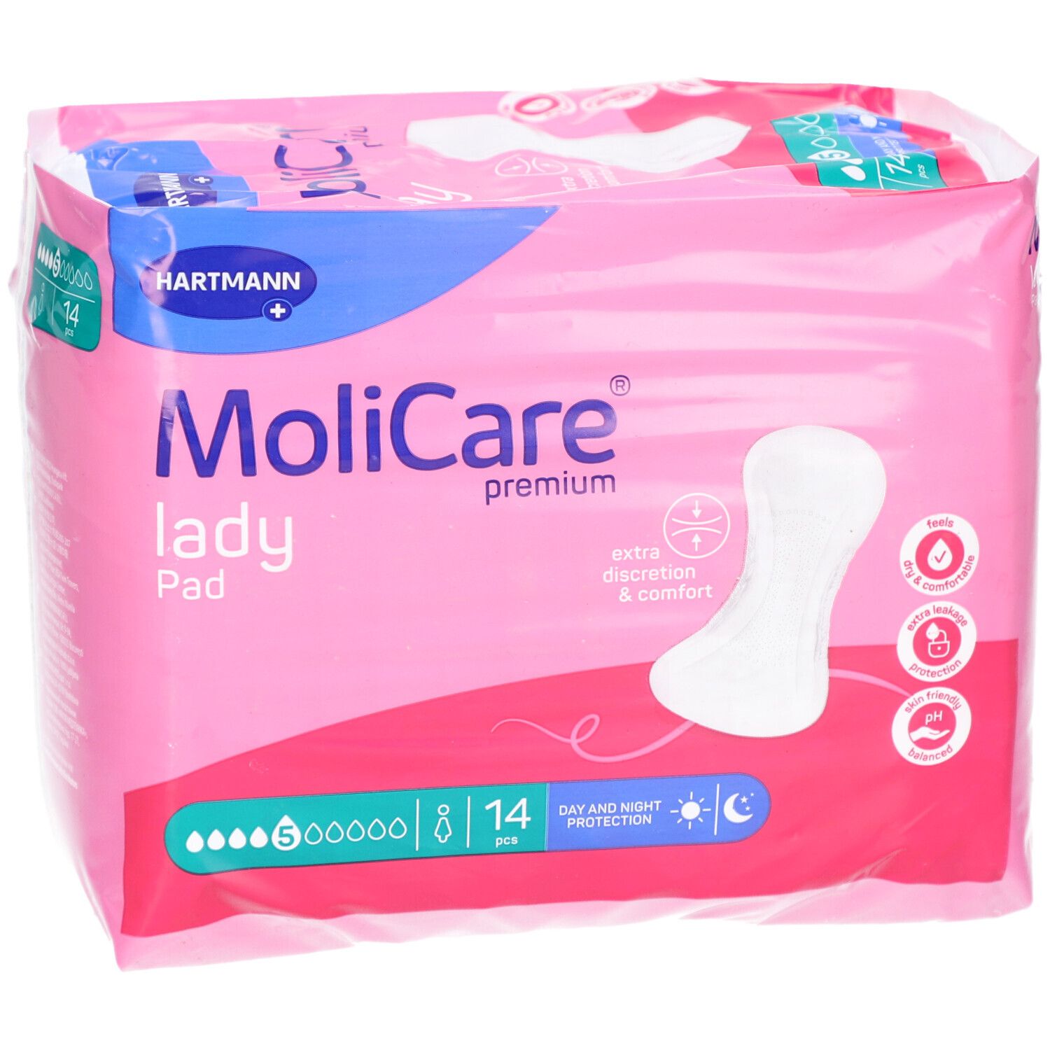MoliCare Lady Pad Packung. Rosa Verpackung mit Produktabbildung und Logo. 14 Stück, 5 Tropfen. Hartmann Logo.
