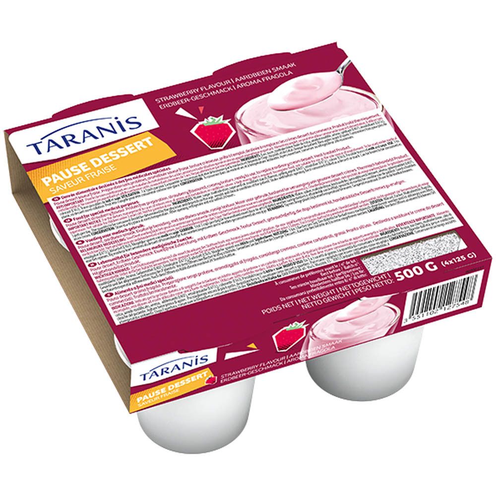 Verpakking met vier witte bekers. Opschrift: Taranis Pause Dessert, aardbeiensmaak. Kartonnen verpakking.