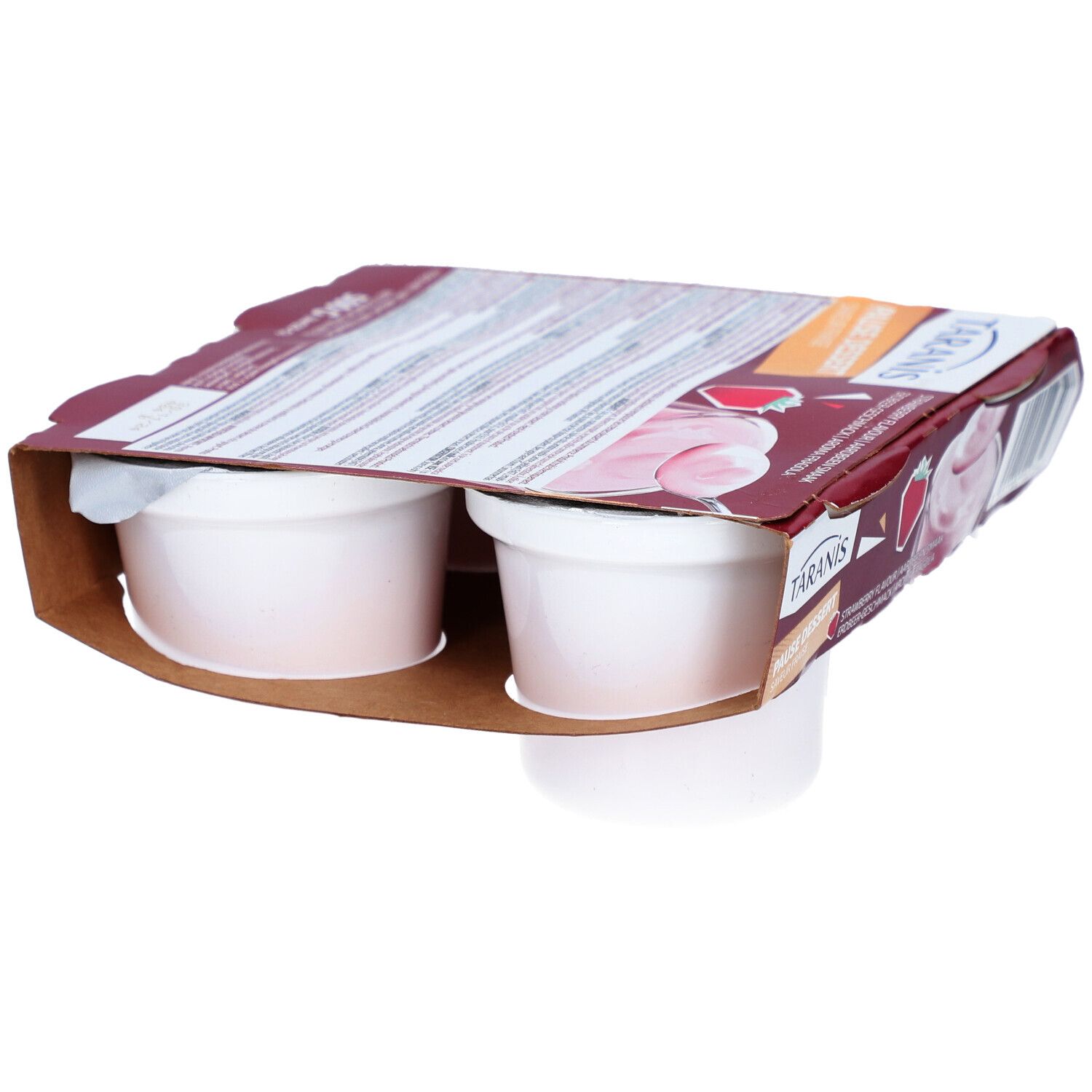 Verpakking met vier witte bekers. Opschrift: Taranis Pause Dessert, aardbeiensmaak. Kartonnen verpakking.