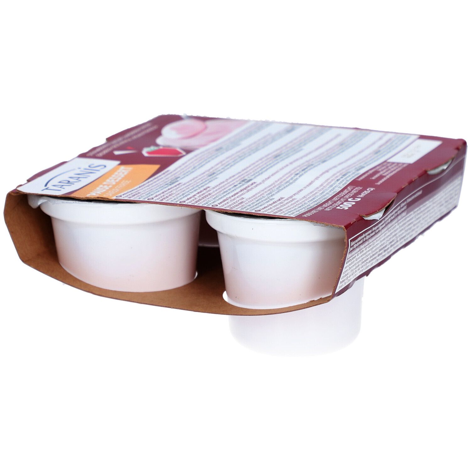 Verpakking met vier witte bekers. Opschrift: Taranis Pause Dessert, aardbeiensmaak. Kartonnen verpakking.